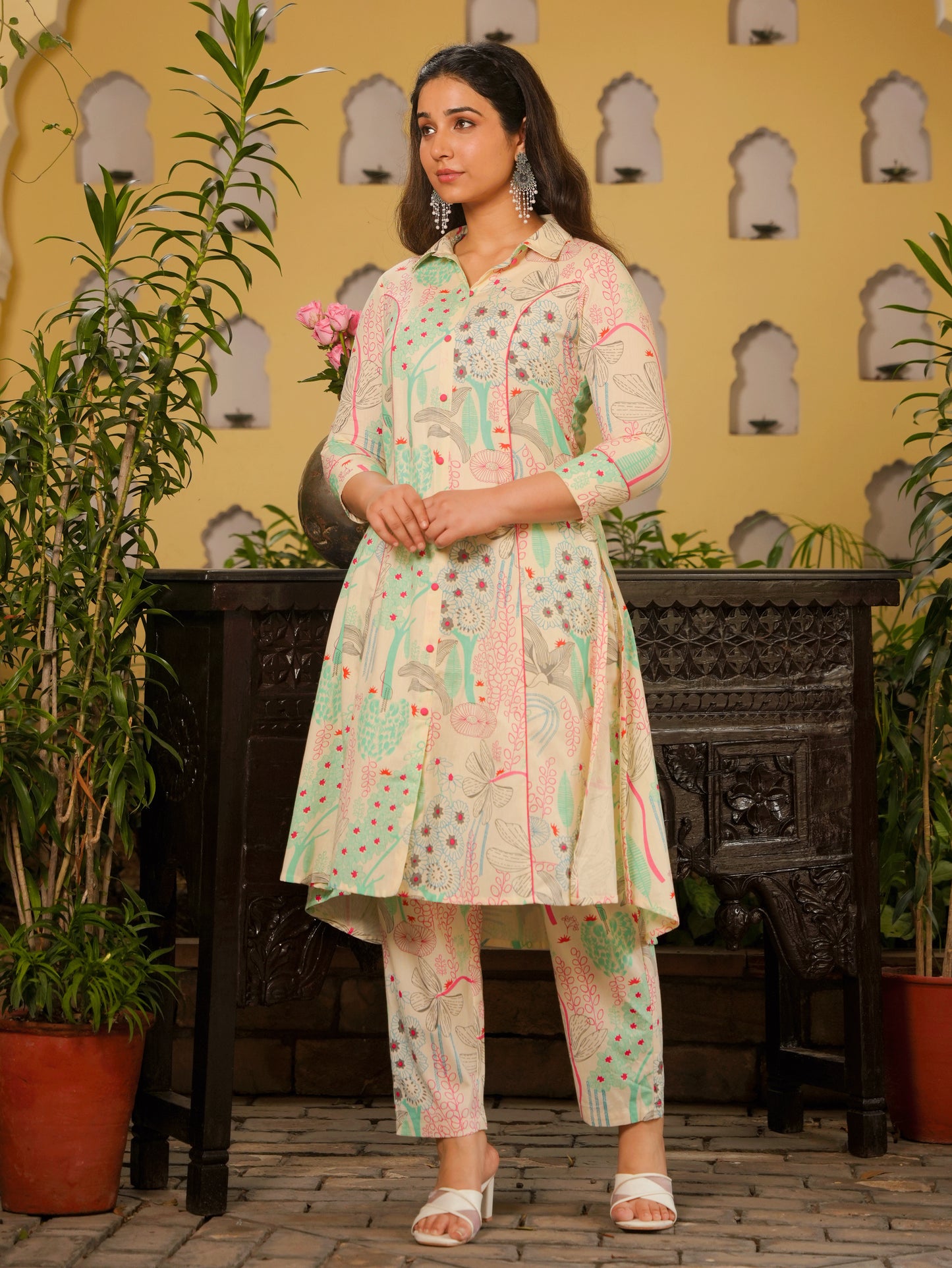 Linen Cotton Foliage High Low Off White Kurta