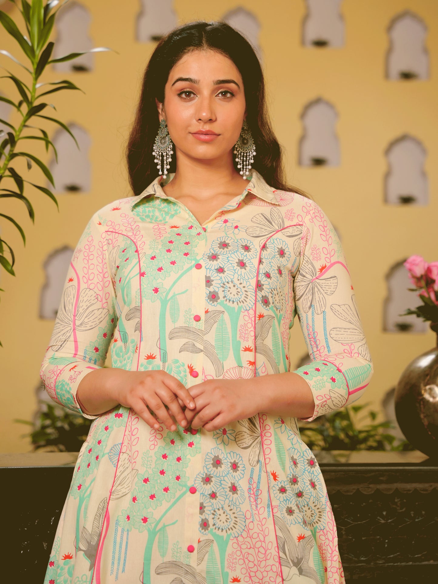 Linen Cotton Foliage High Low Off White Kurta