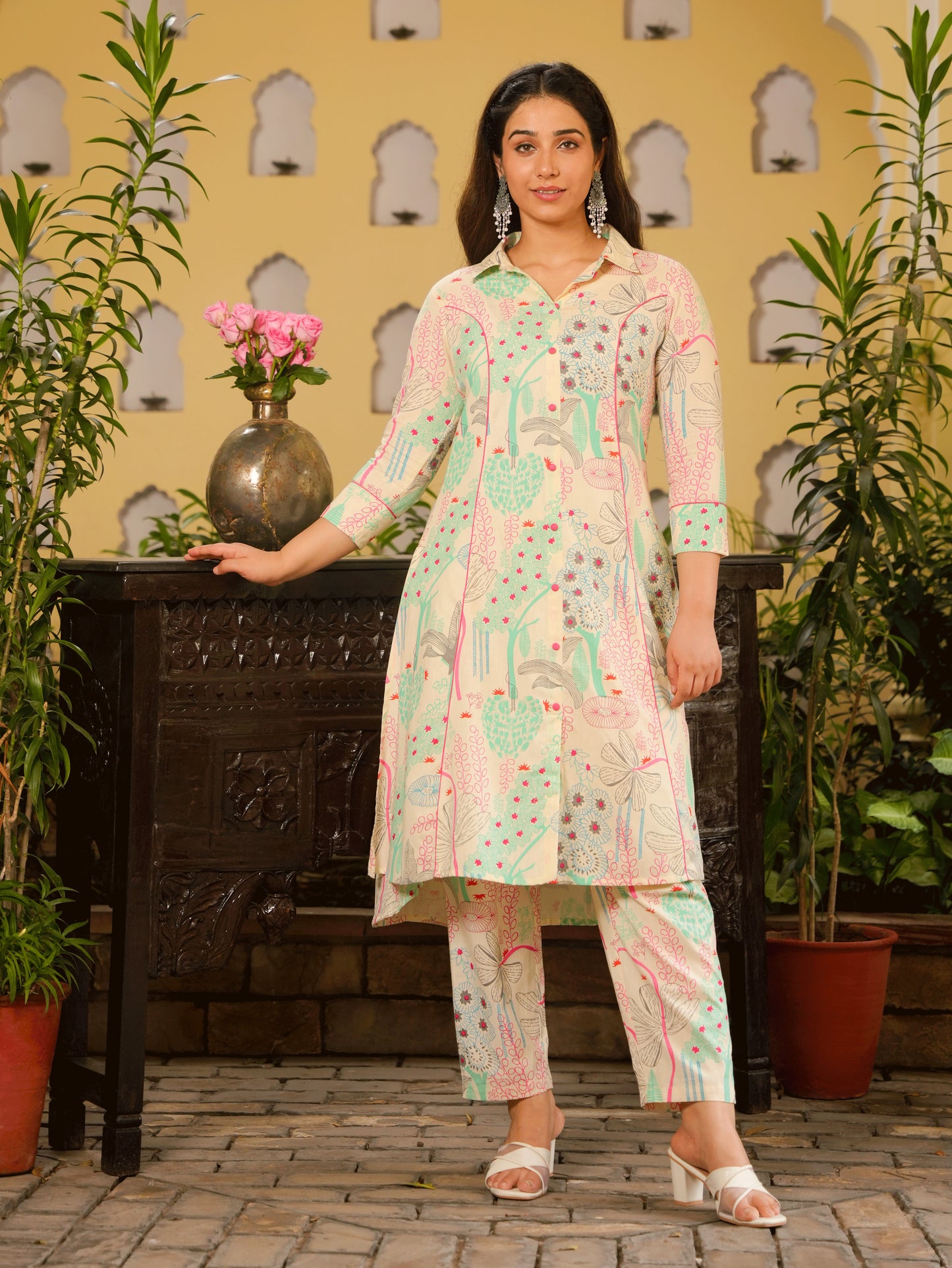 Linen Cotton Foliage High Low Off White Kurta