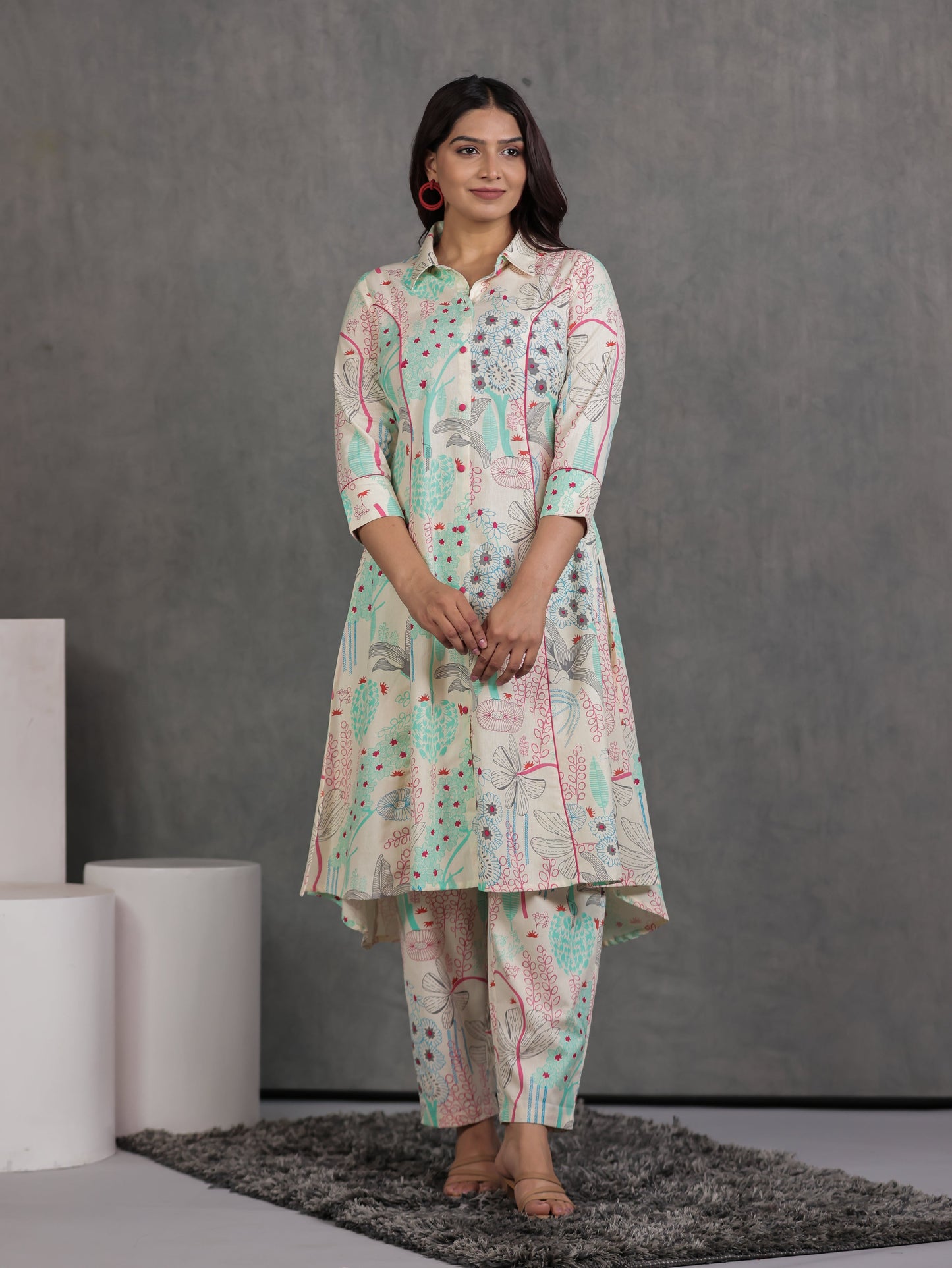 Linen Cotton Foliage High Low Off White Kurta