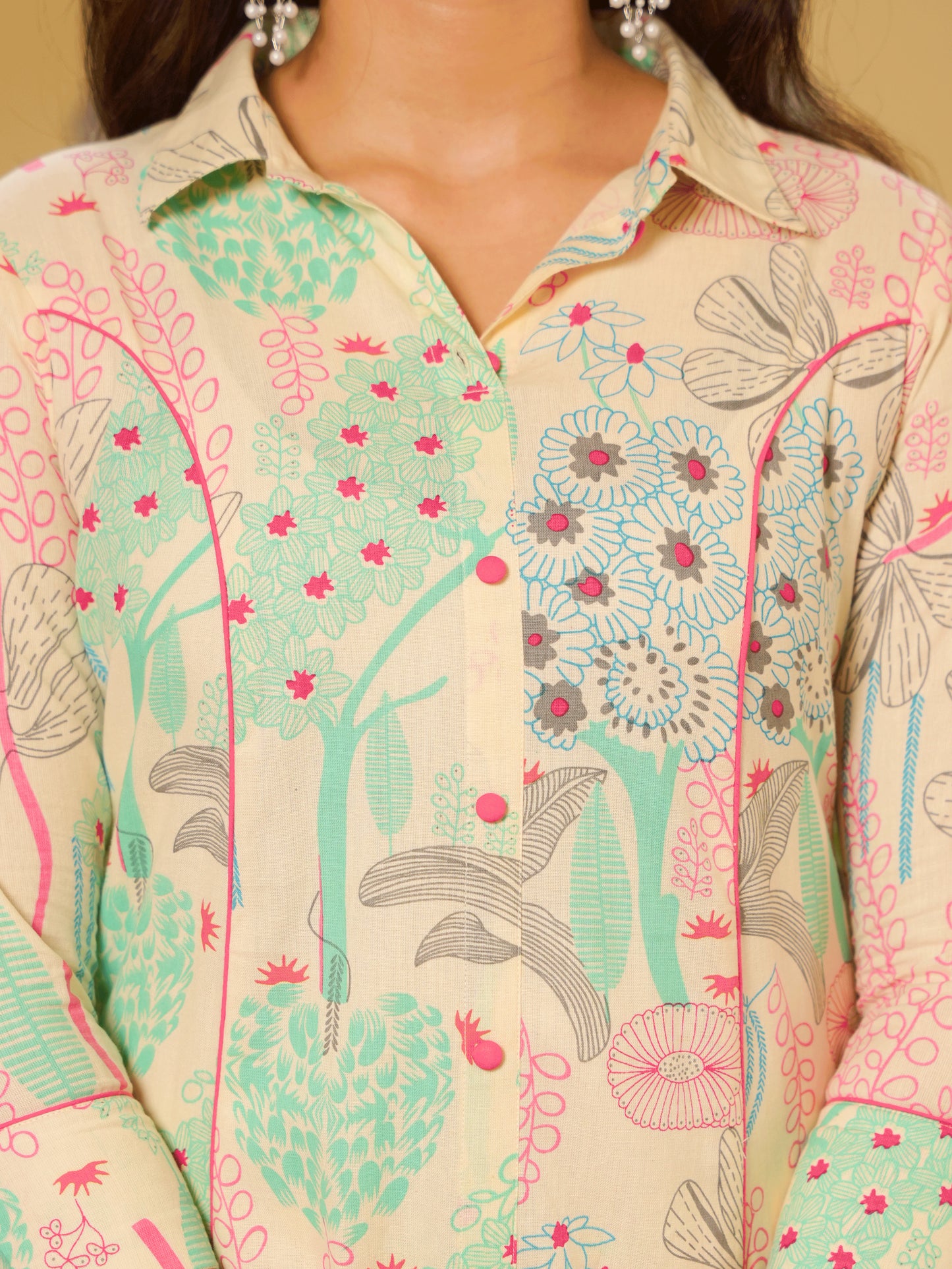 Linen Cotton Foliage High Low Off White Kurta