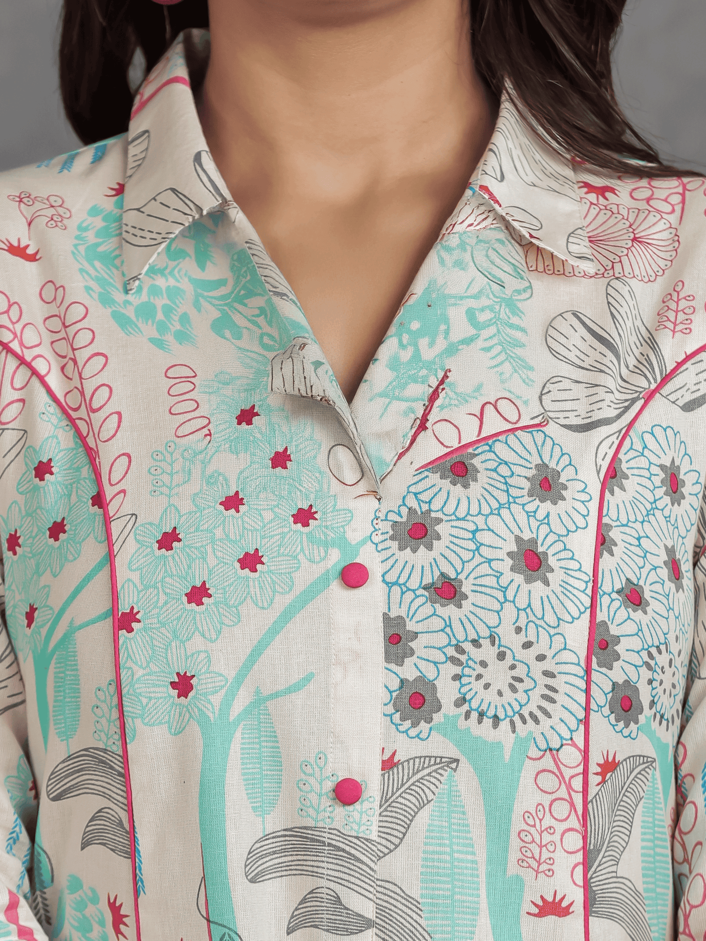 Linen Cotton Foliage High Low Off White Kurta