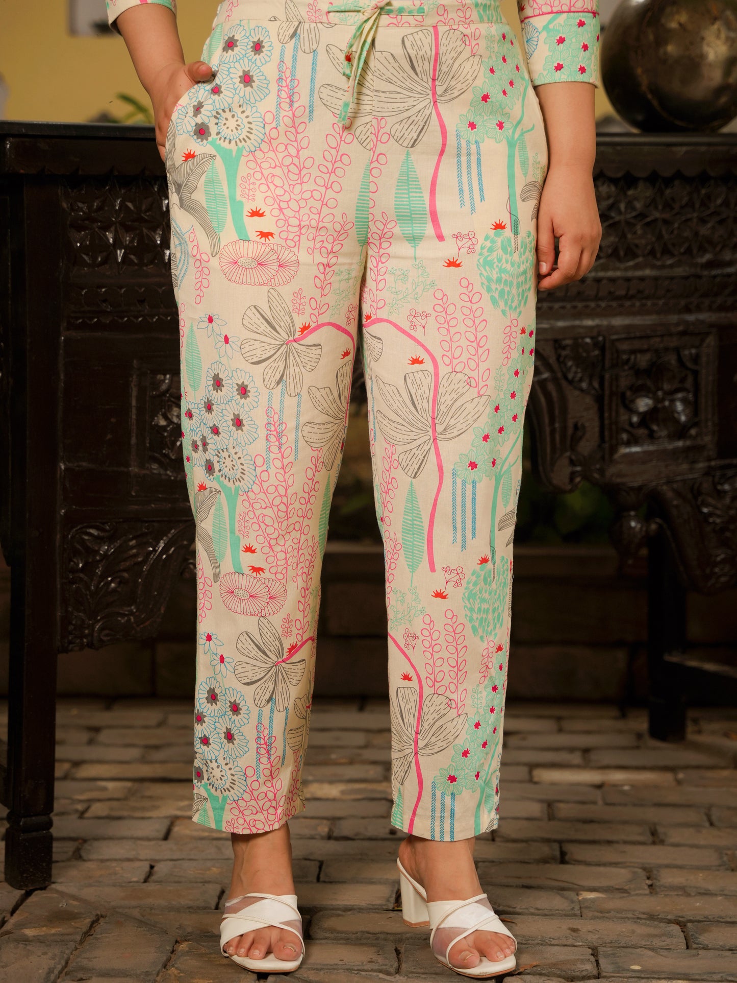 Linen Cotton Foliage High Low Off White Kurta