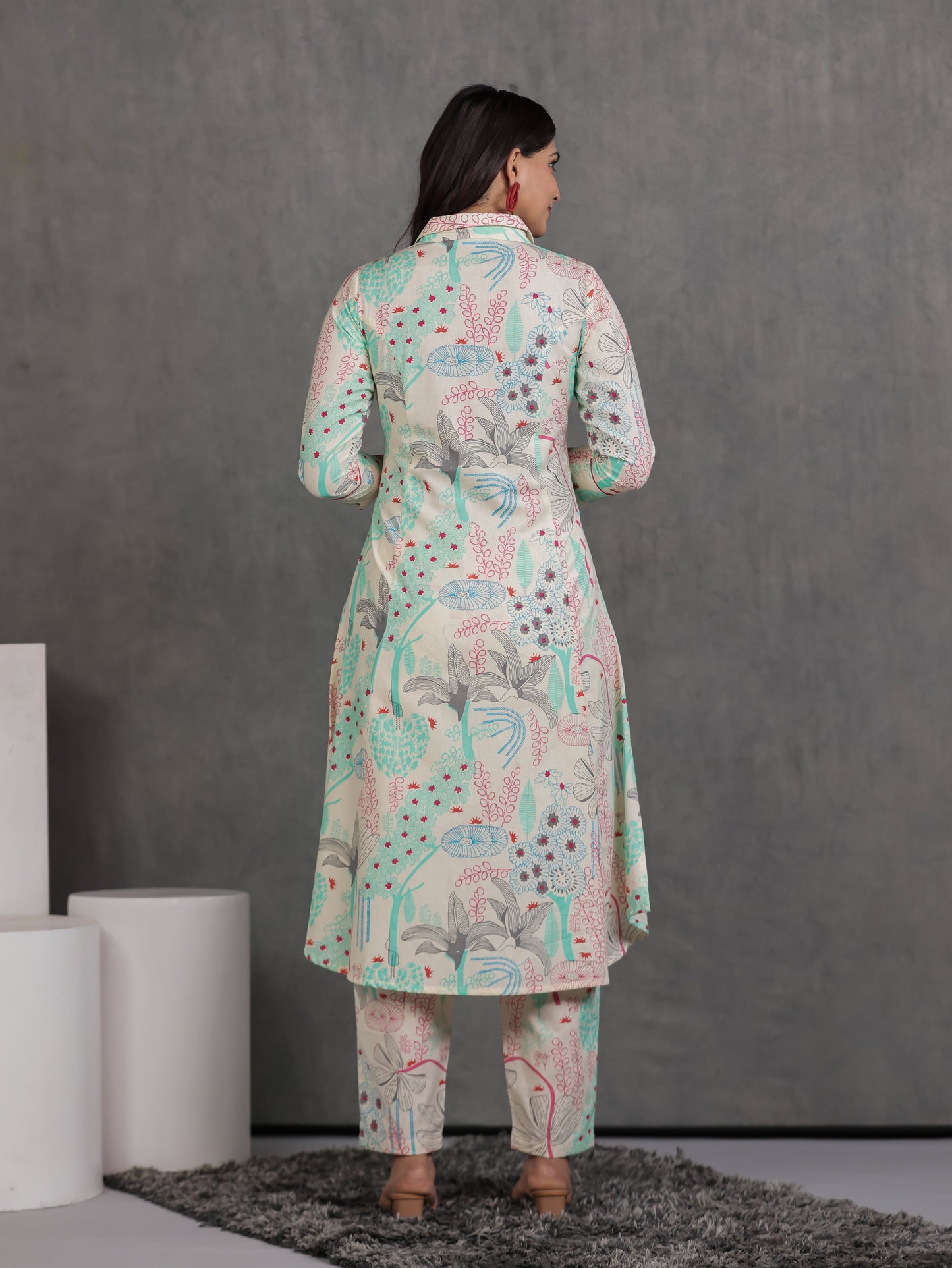 Linen Cotton Foliage High Low Off White Kurta