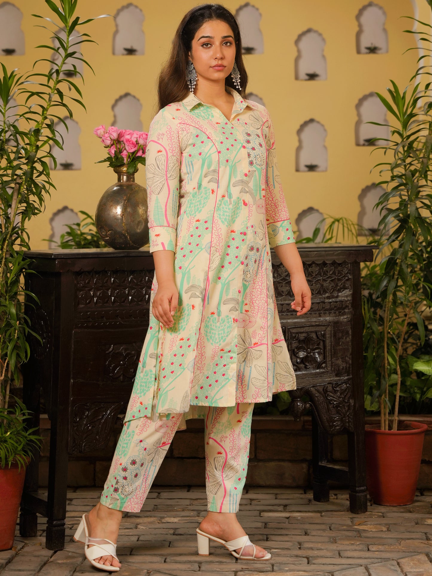 Linen Cotton Foliage High Low Off White Kurta