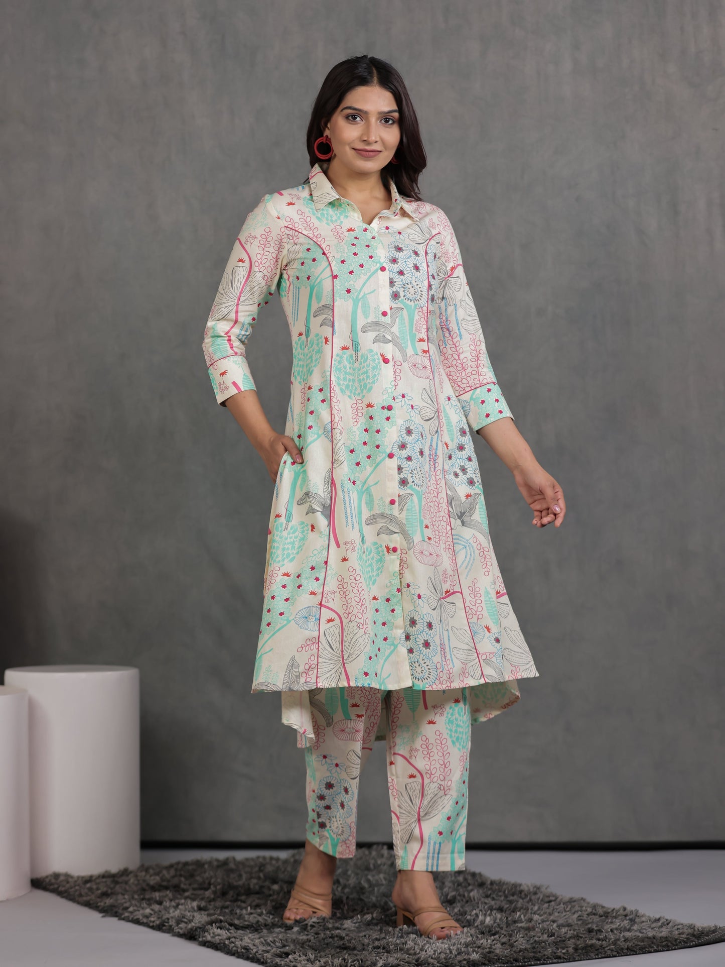 Linen Cotton Foliage High Low Off White Kurta