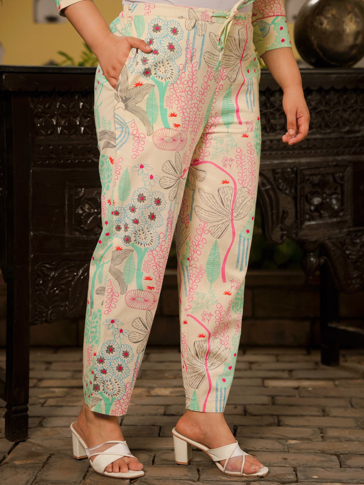 Linen Cotton Foliage High Low Off White Kurta