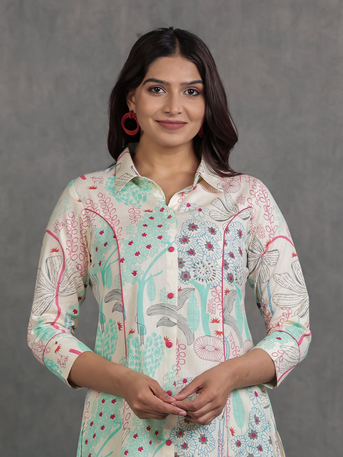 Linen Cotton Foliage High Low Off White Kurta