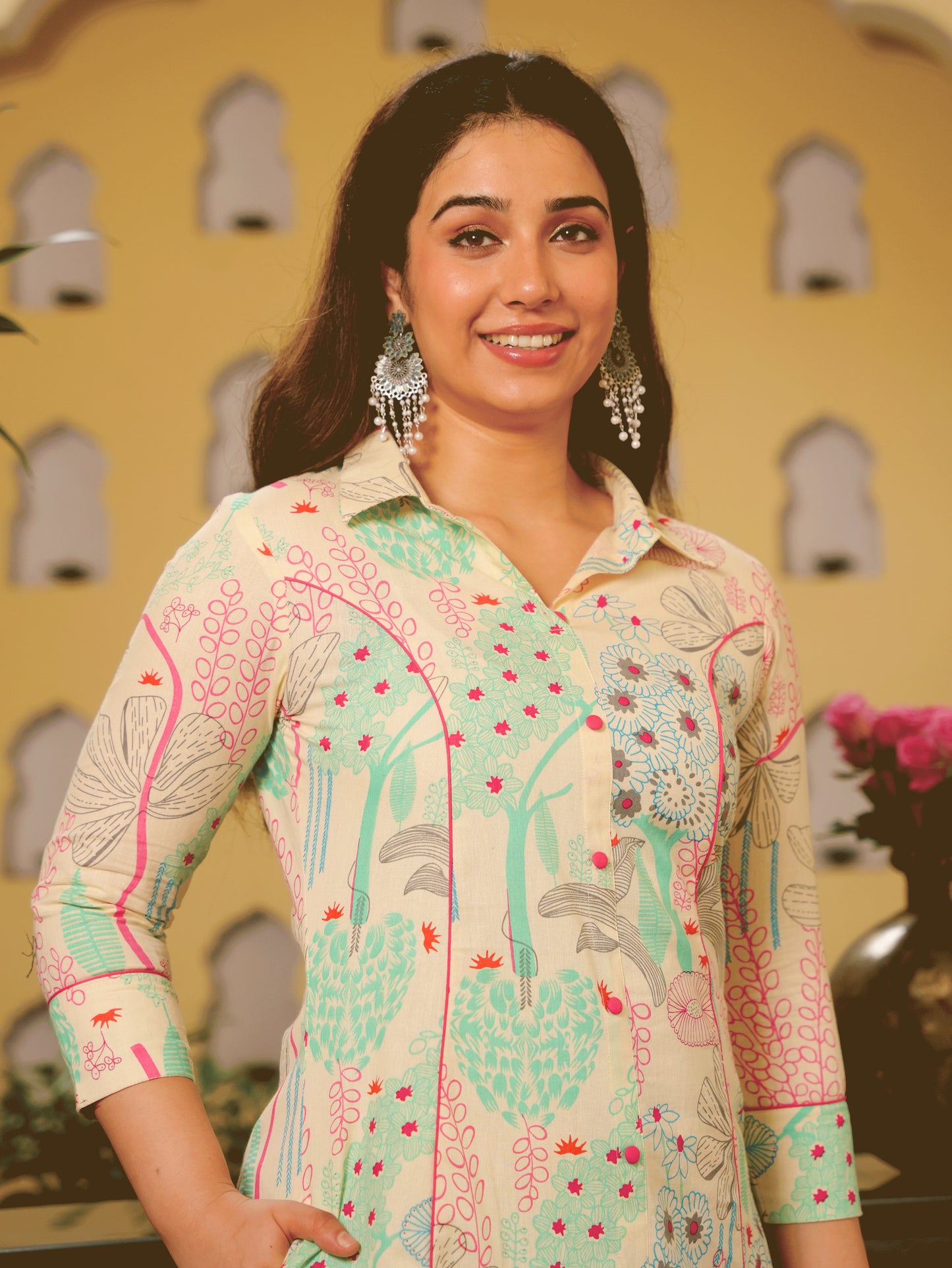 Linen Cotton Foliage High Low Off White Kurta