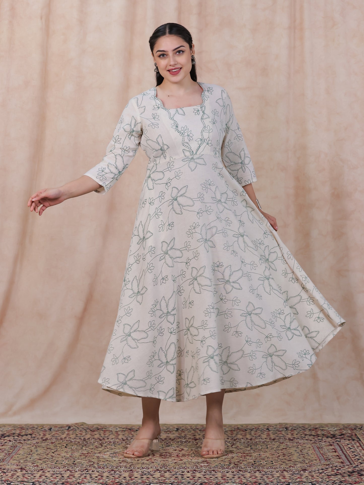 Embroidered Linen Cotton Floral Flared Off White Dress