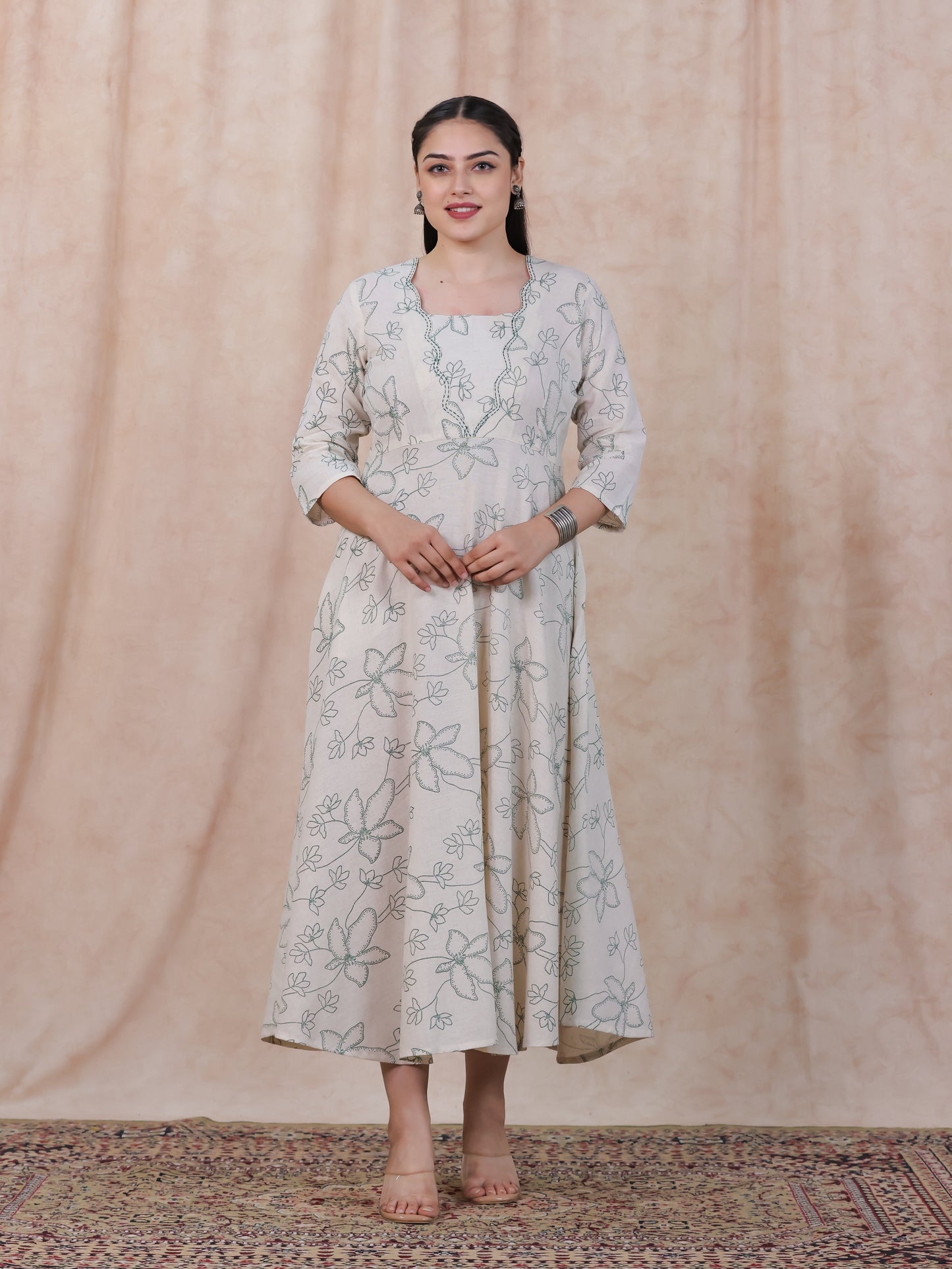 Embroidered Linen Cotton Floral Flared Off White Dress