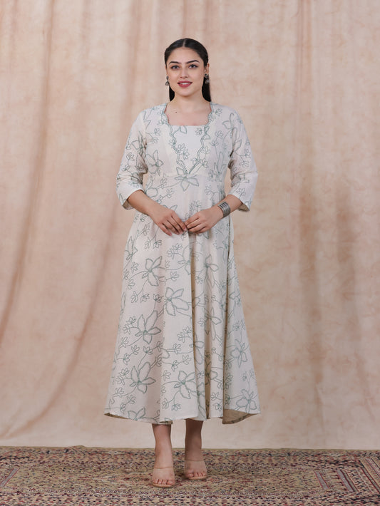 Embroidered Linen Cotton Floral Flared Off White Dress