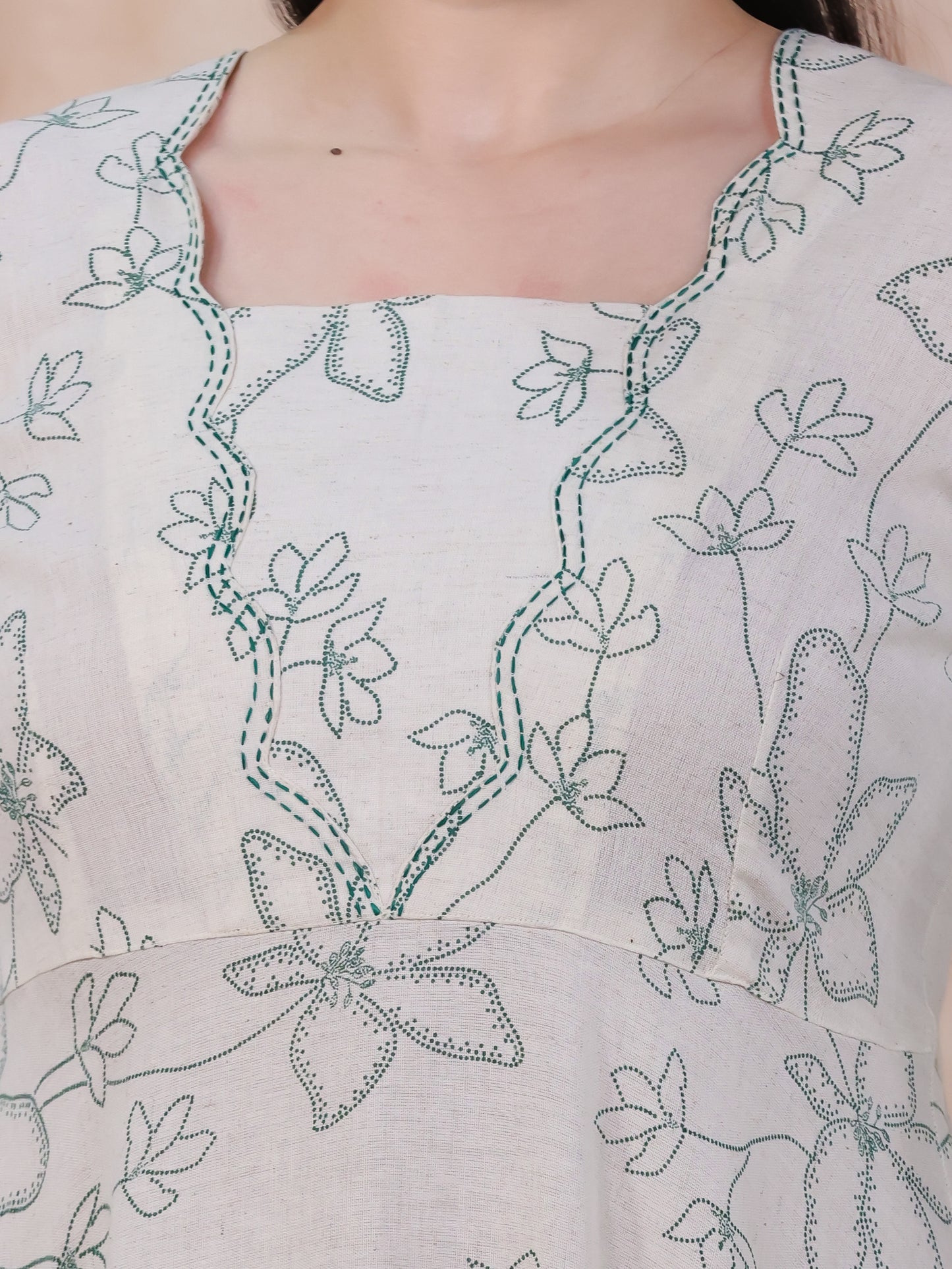 Embroidered Linen Cotton Floral Flared Off White Dress