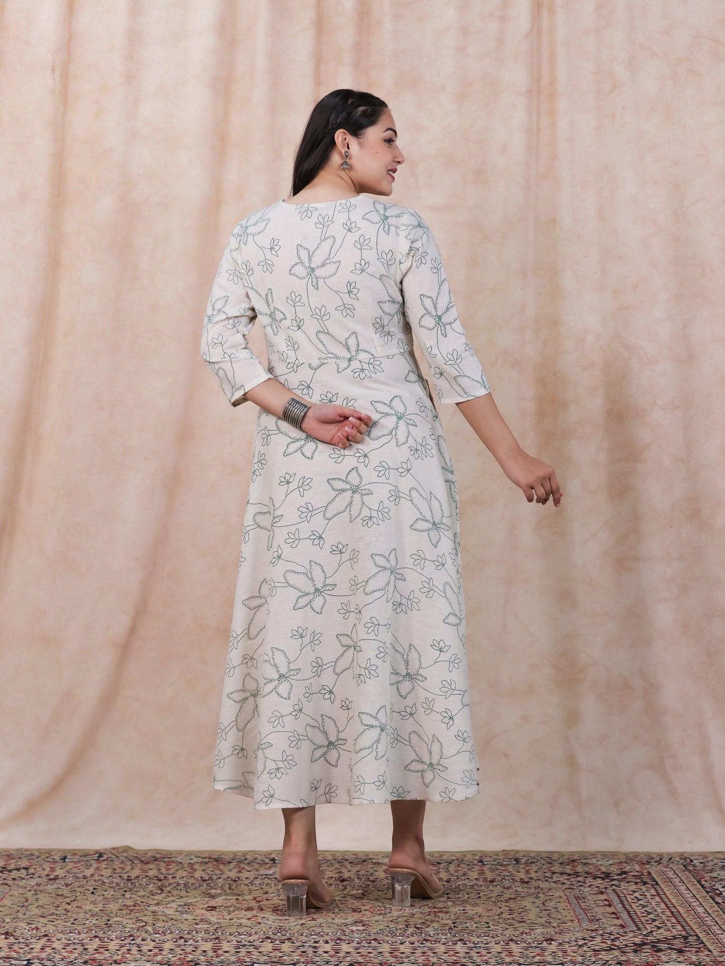 Embroidered Linen Cotton Floral Flared Off White Dress