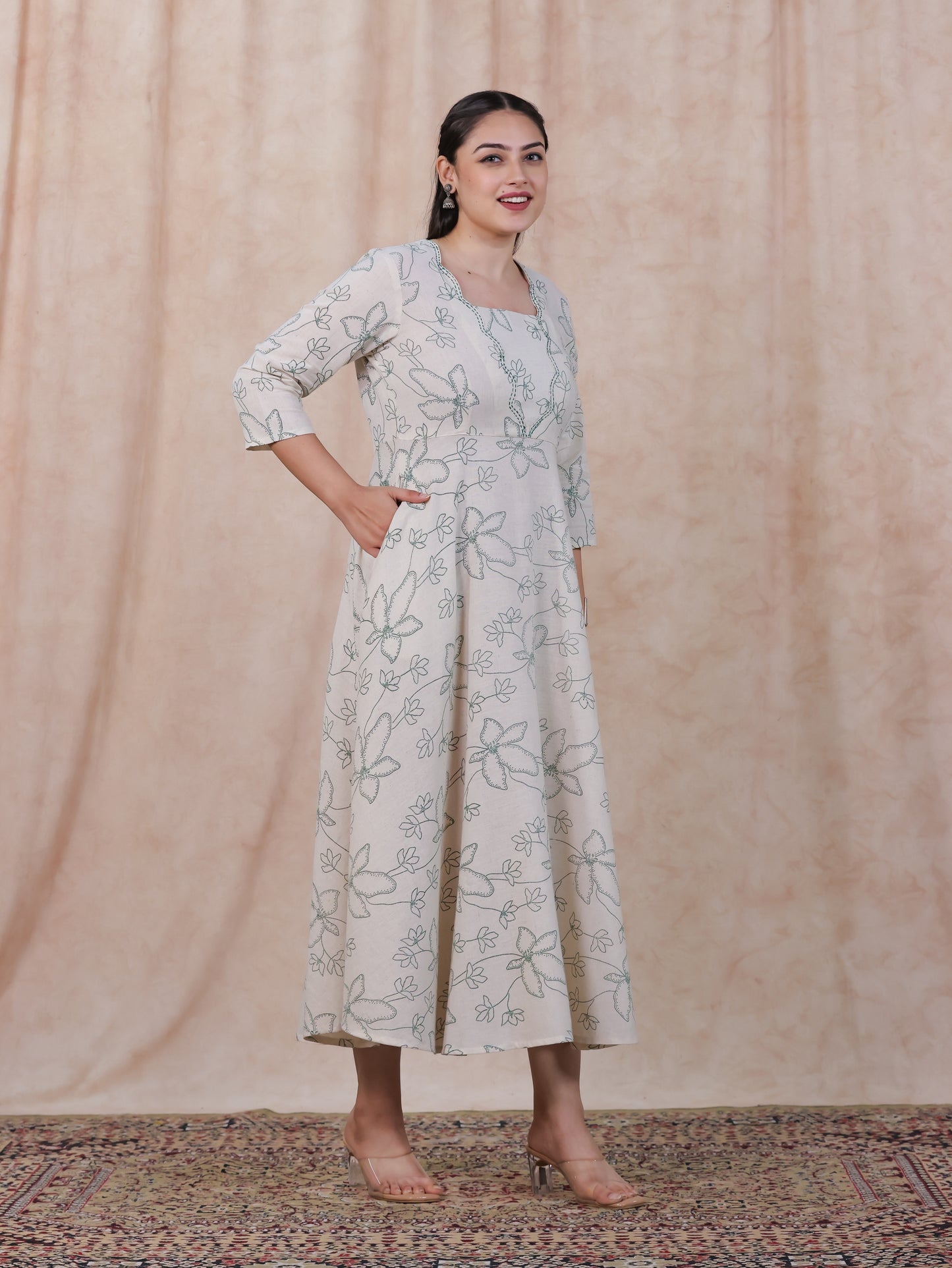 Embroidered Linen Cotton Floral Flared Off White Dress