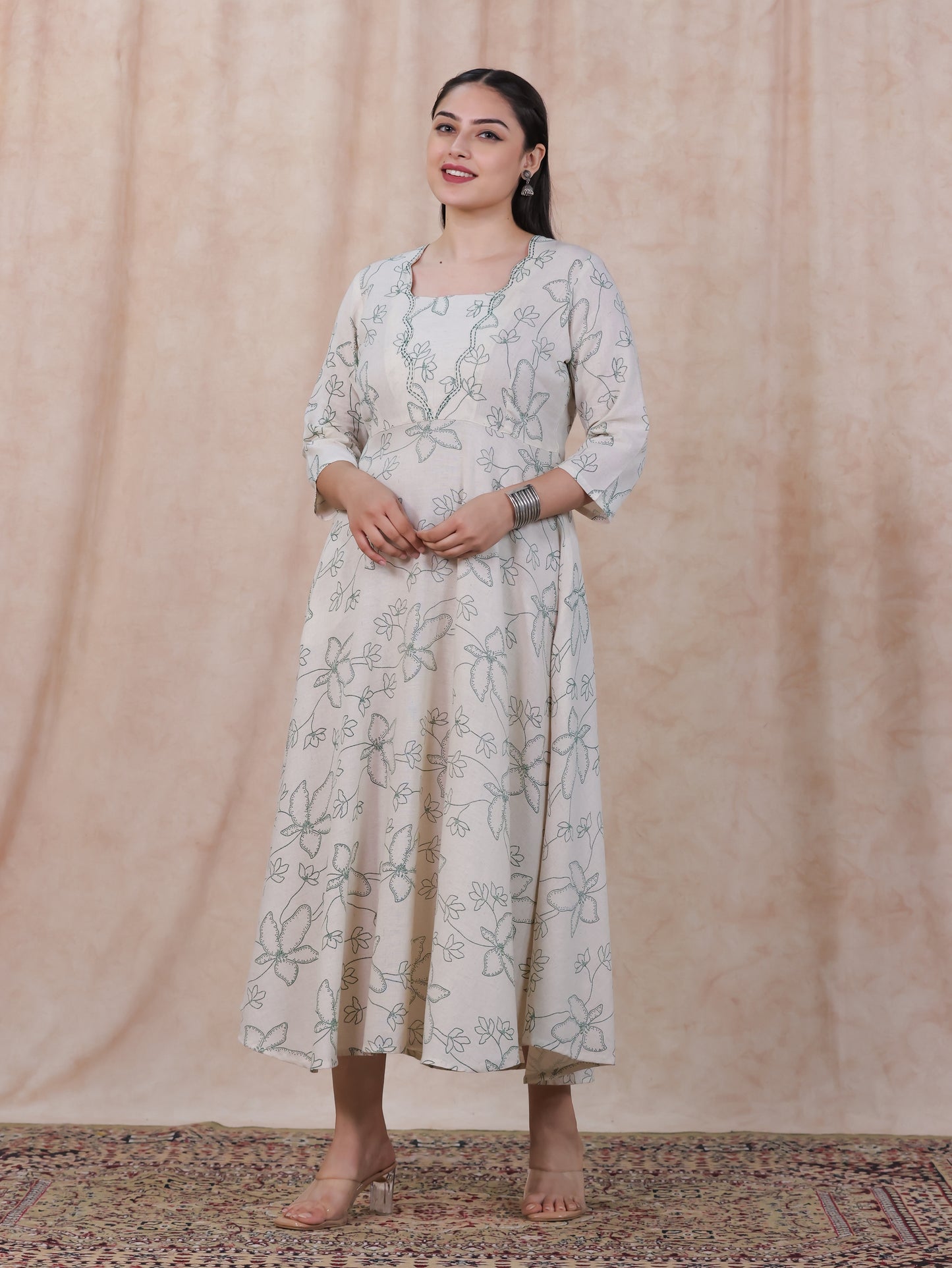 Embroidered Linen Cotton Floral Flared Off White Dress