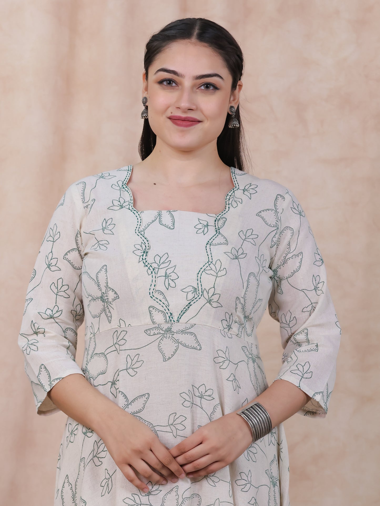 Embroidered Linen Cotton Floral Flared Off White Dress