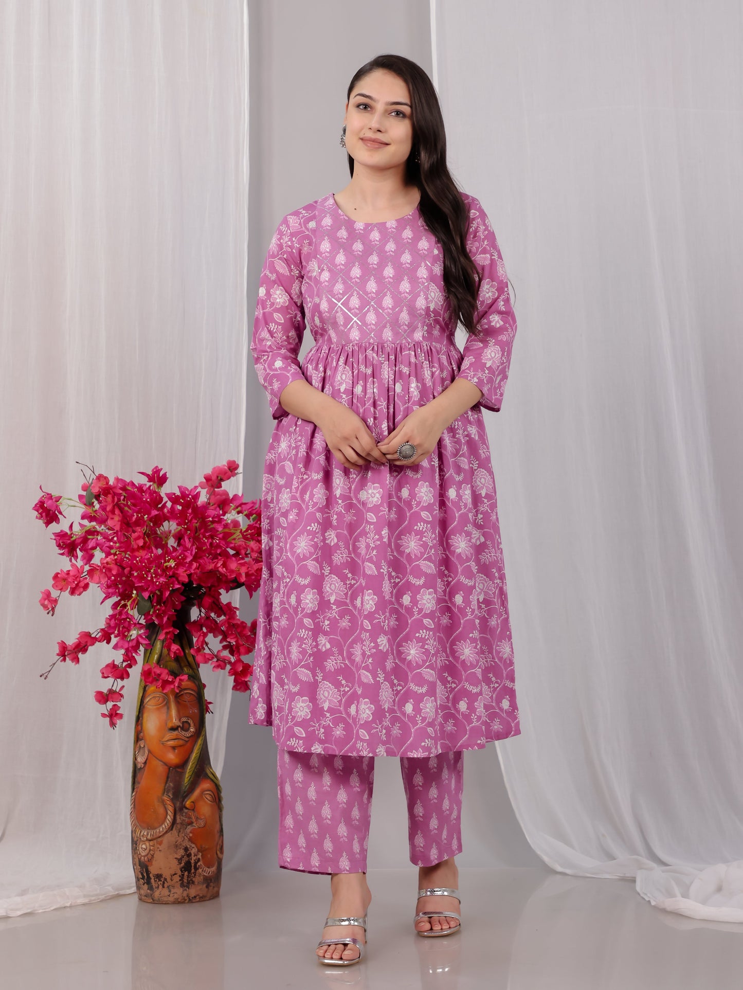 Embroidered Soft Cotton Floral Flared Pink Kurta