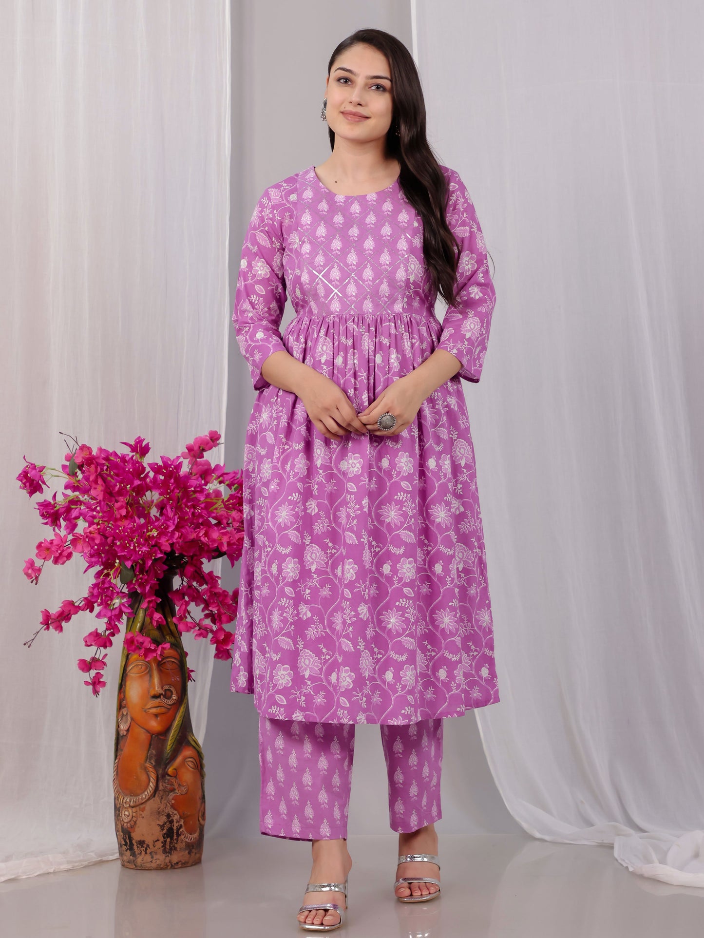 Embroidered Soft Cotton Floral Flared Pink Kurta