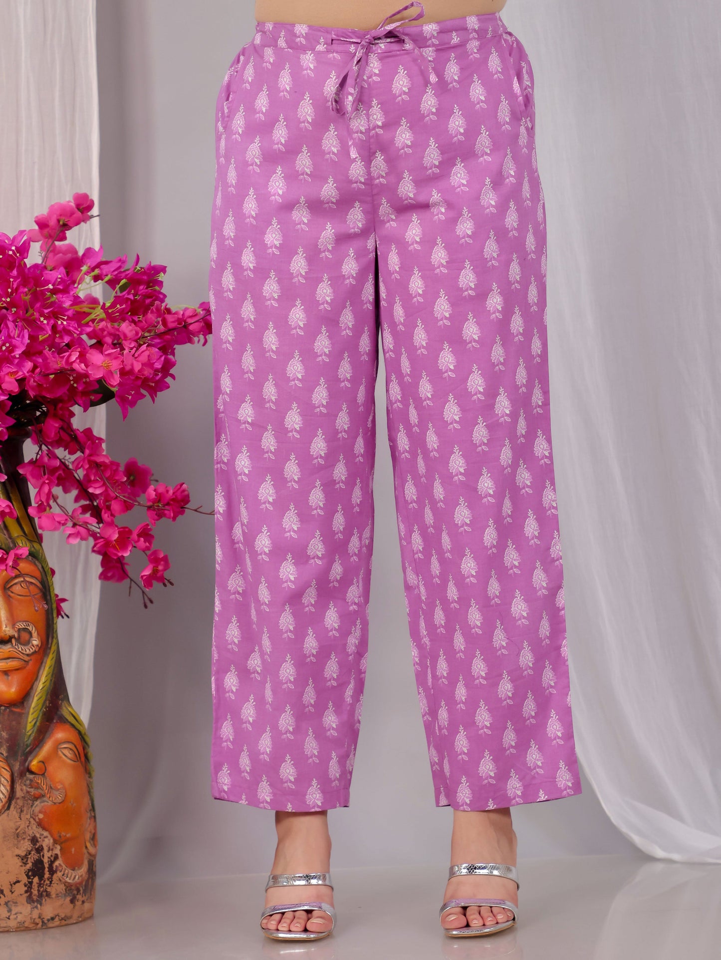 Soft Cotton Floral Pink Straight Straight Trousers