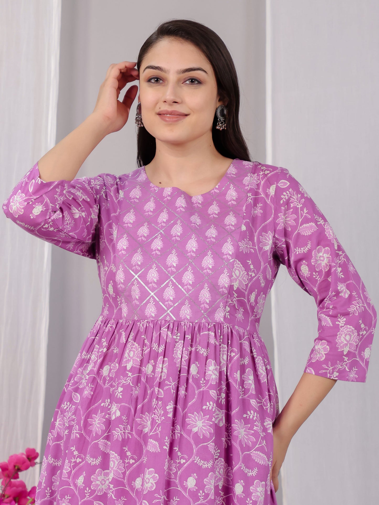 Embroidered Soft Cotton Floral Flared Pink Kurta