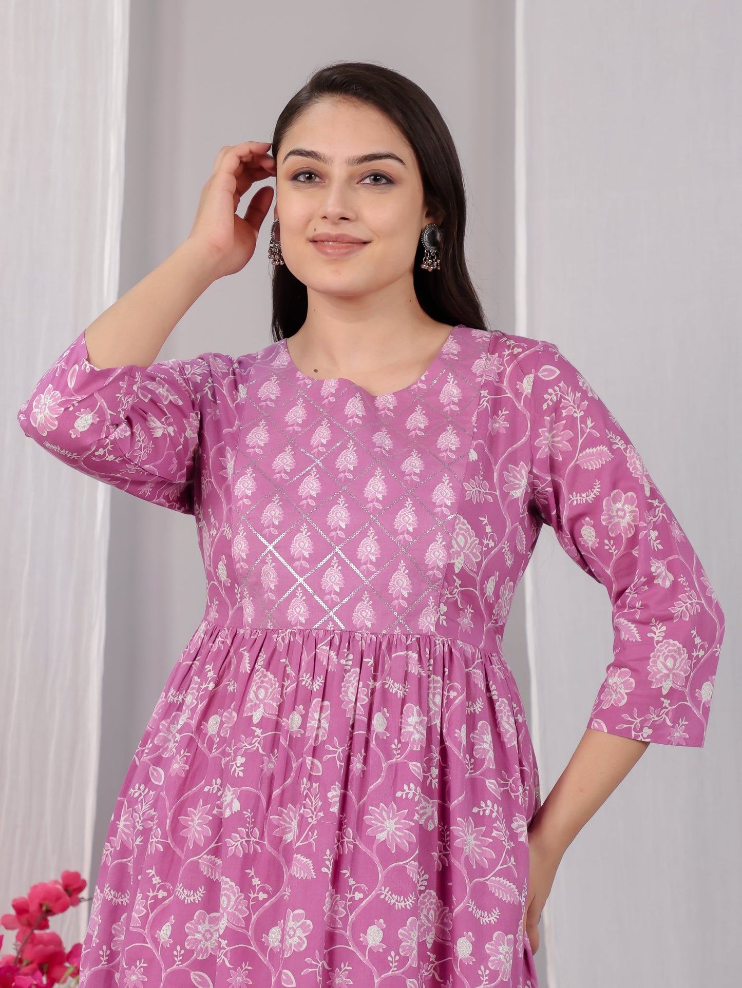 Embroidered Soft Cotton Floral Flared Pink Kurta