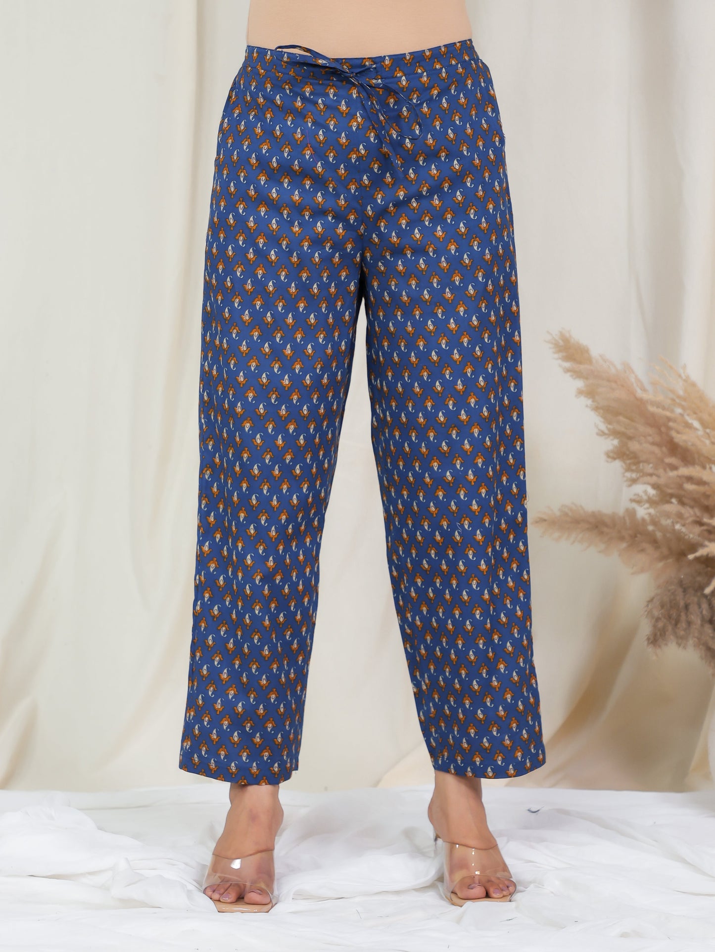 Soft Cotton Paisley Blue Straight Trousers