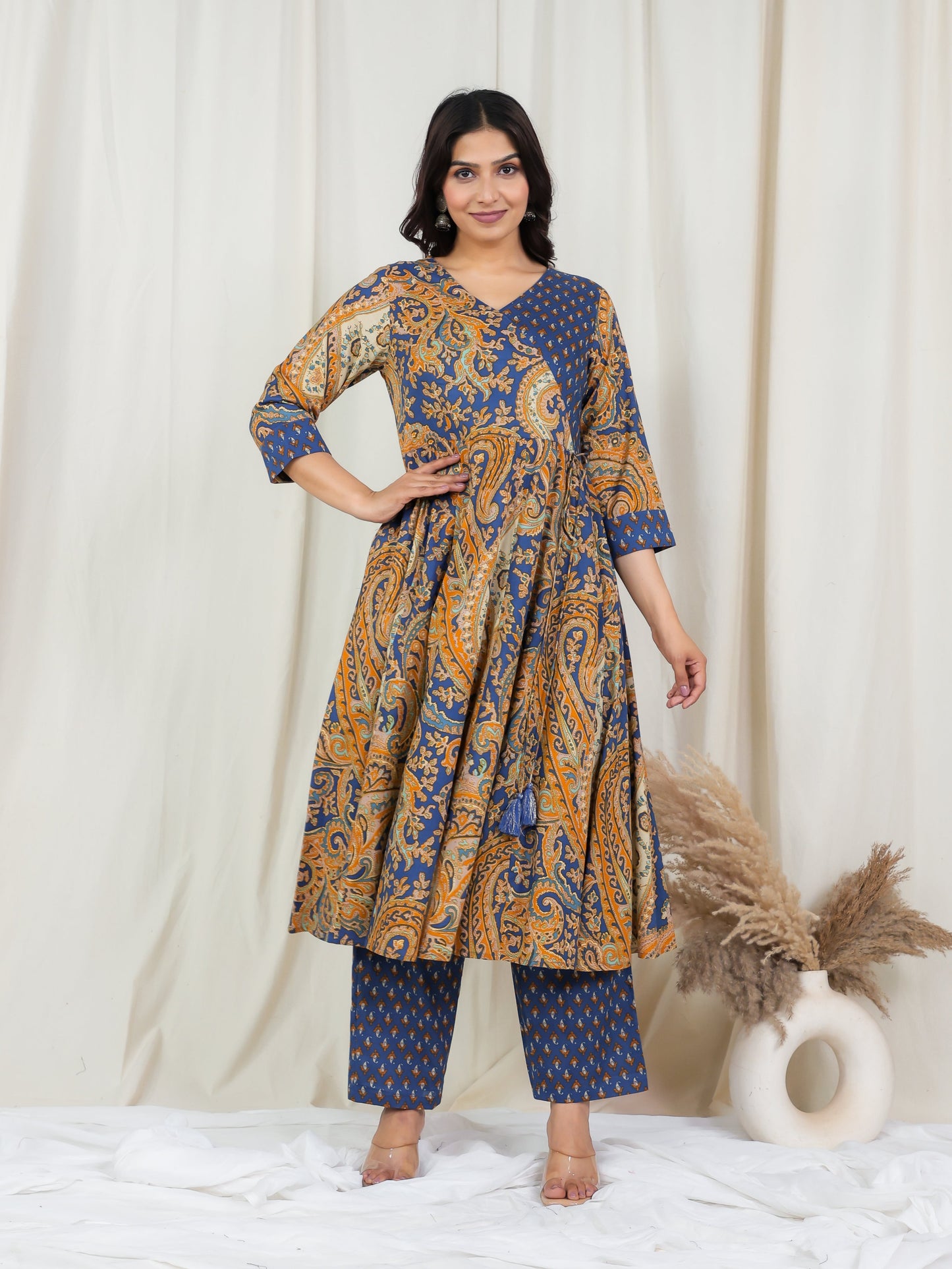 Embroidered Soft Cotton Paisley Angrakha Blue Kurta