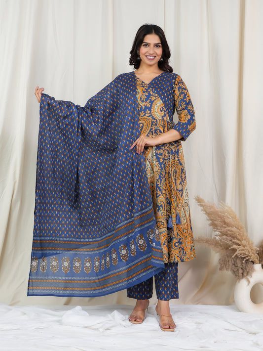 Embroidered Soft Cotton Paisley Angrakha Blue Kurta