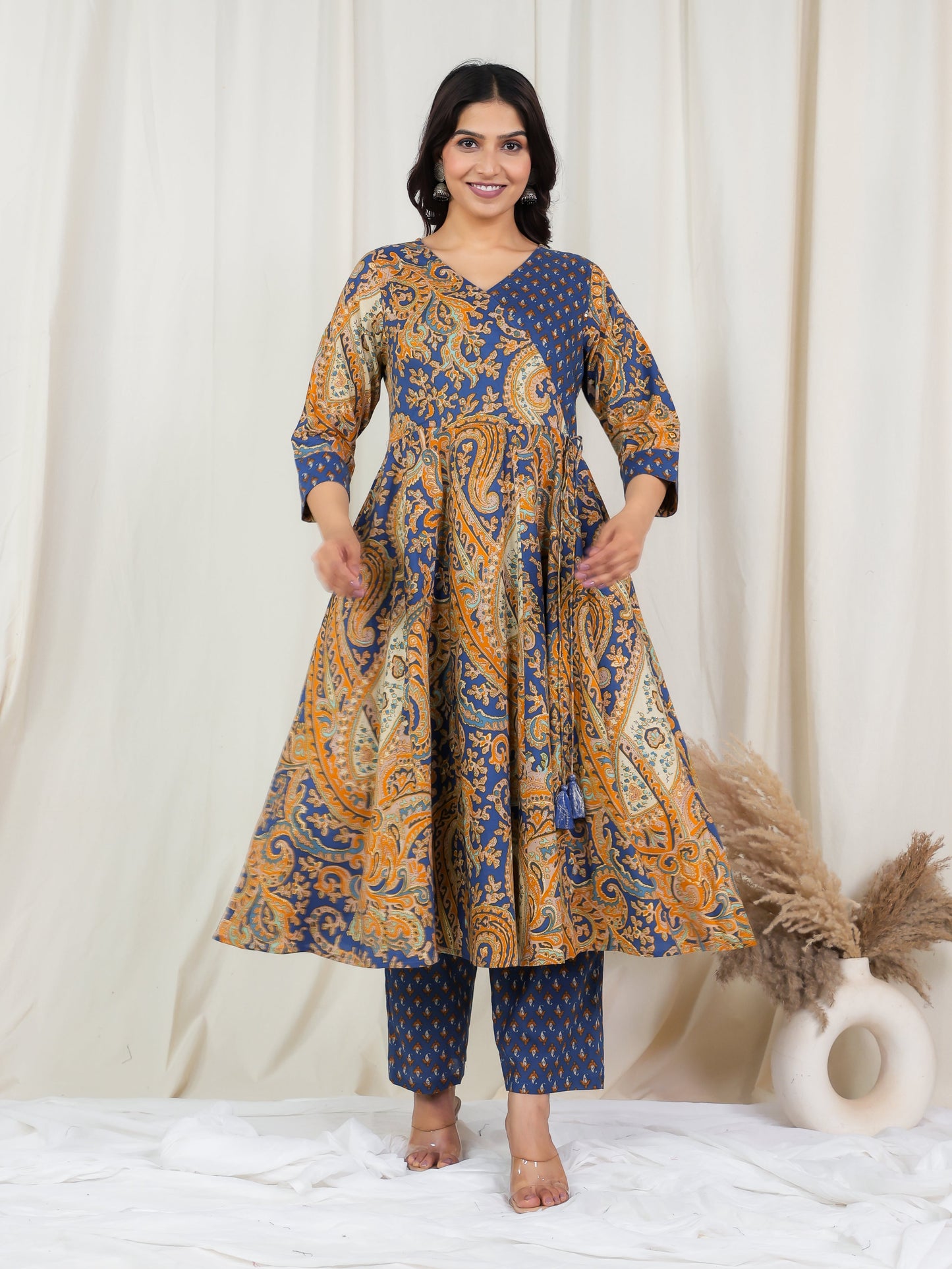 Embroidered Soft Cotton Paisley Angrakha Blue Kurta