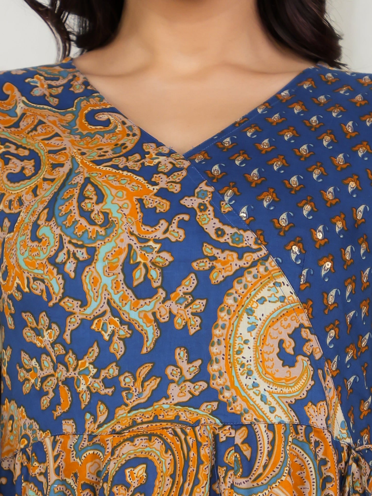 Embroidered Soft Cotton Paisley Angrakha Blue Kurta