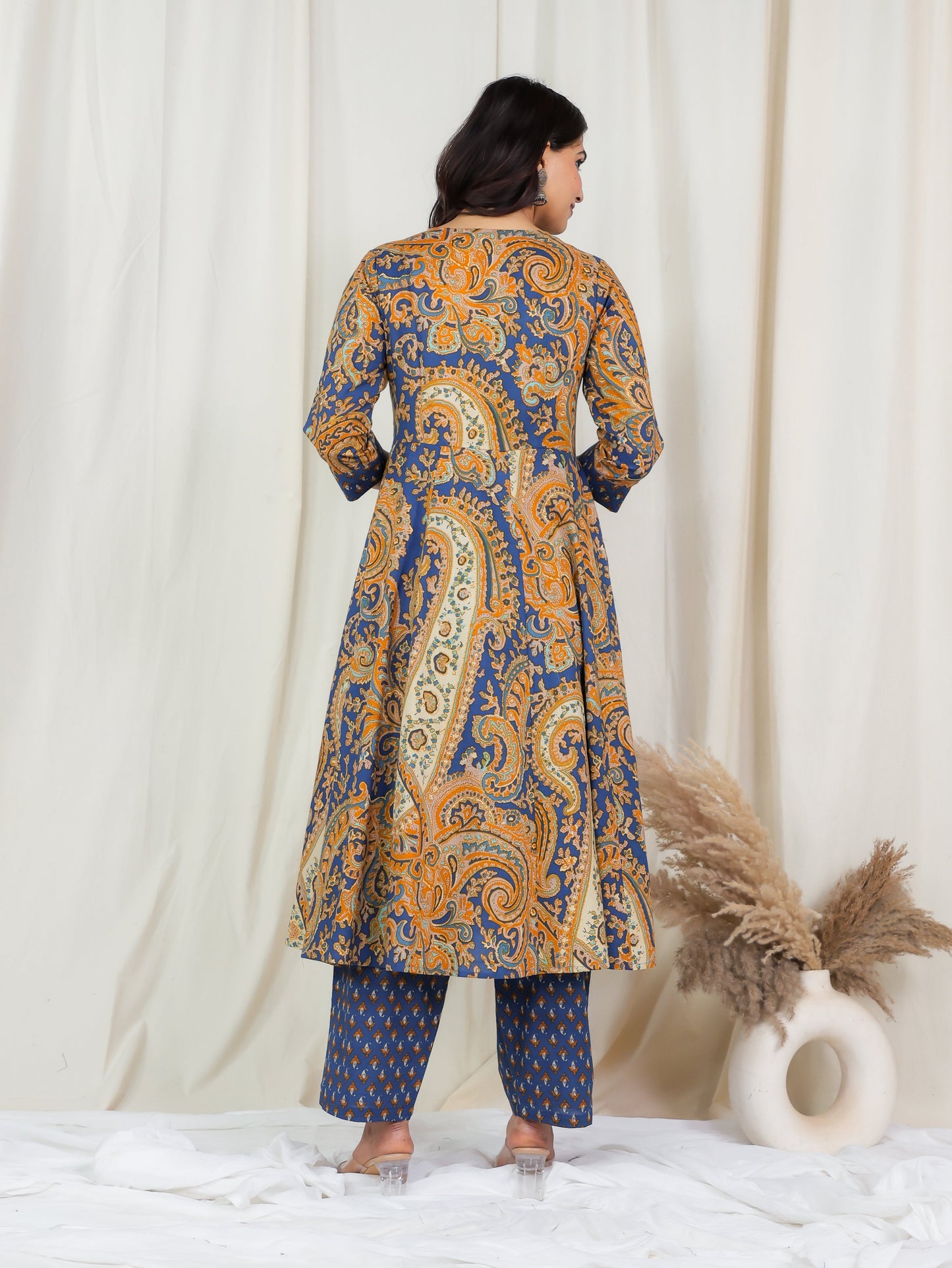 Embroidered Soft Cotton Paisley Angrakha Blue Kurta