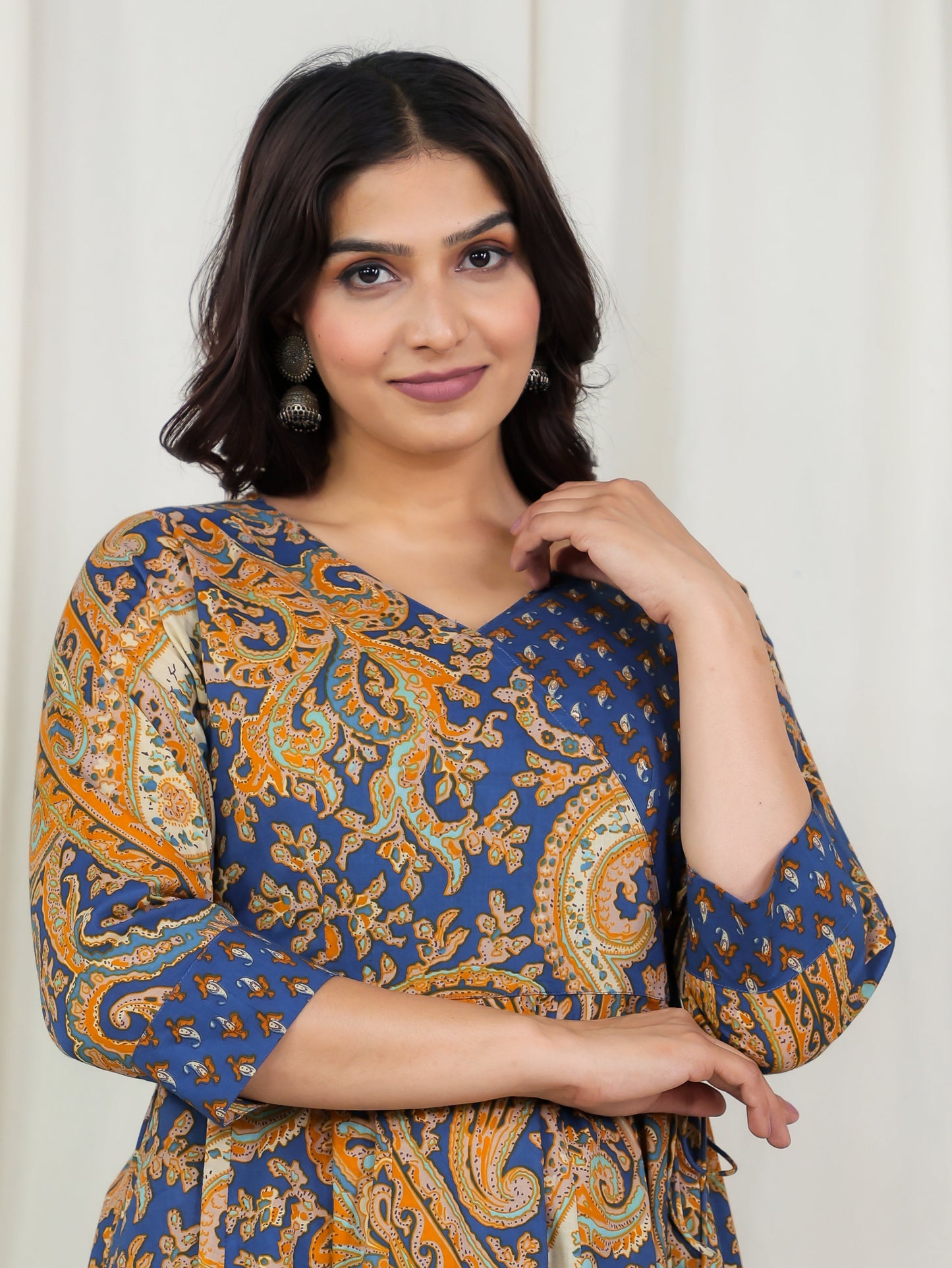 Embroidered Soft Cotton Paisley Angrakha Blue Kurta