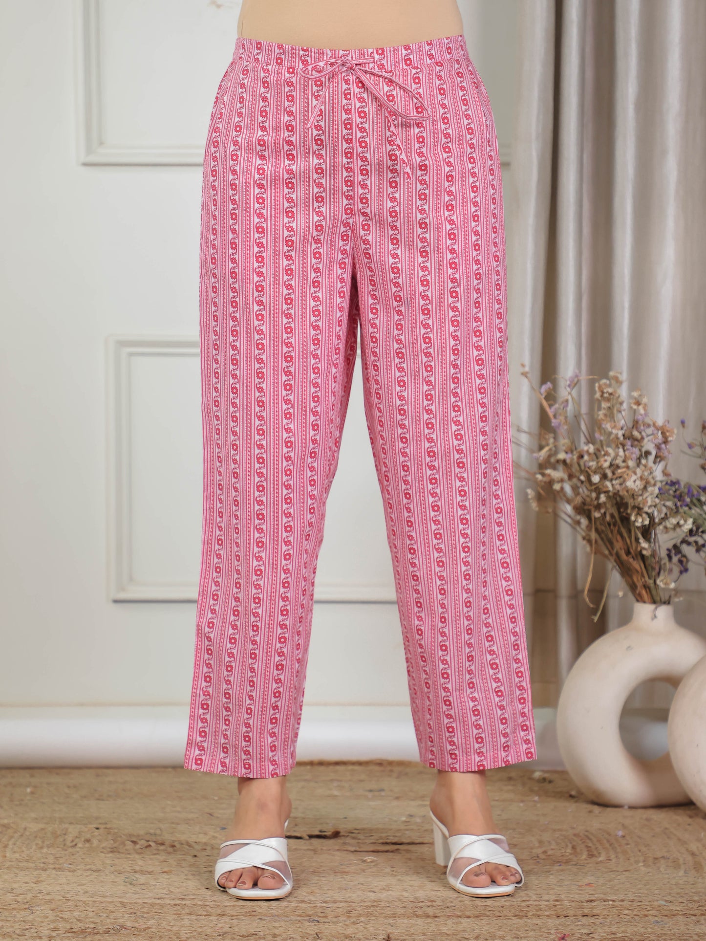 Soft Cotton Floral Pink Straight Trousers