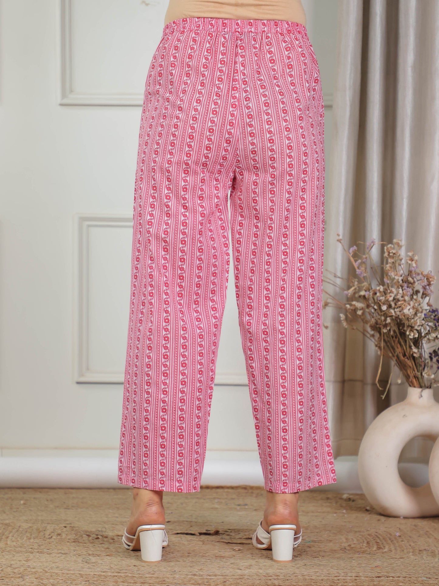 Soft Cotton Floral Pink Straight Trousers
