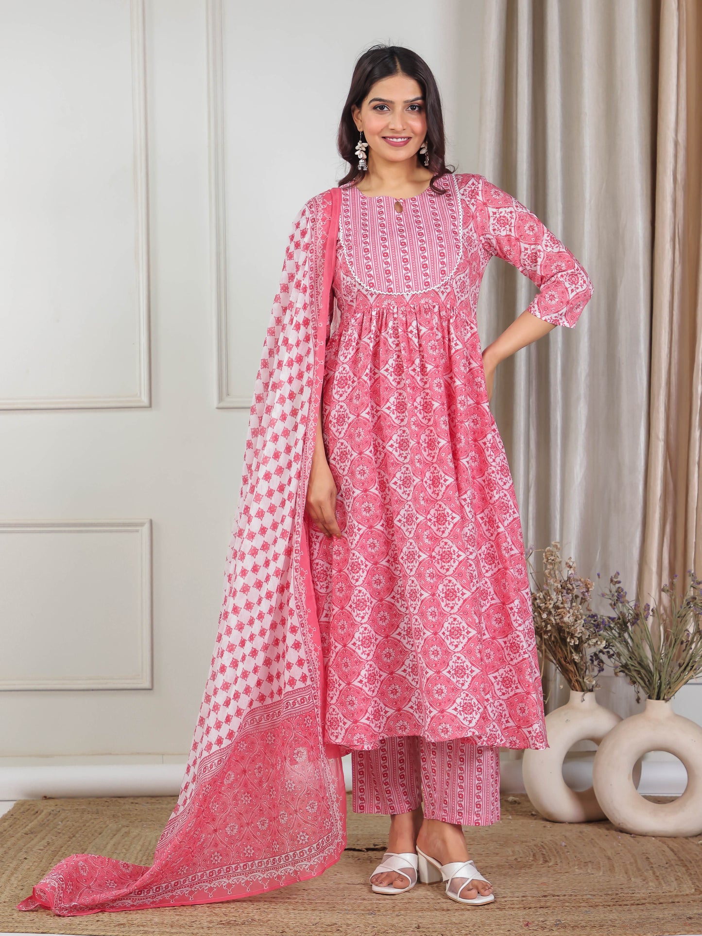 Soft Cotton Floral Gathered Pink Kurta