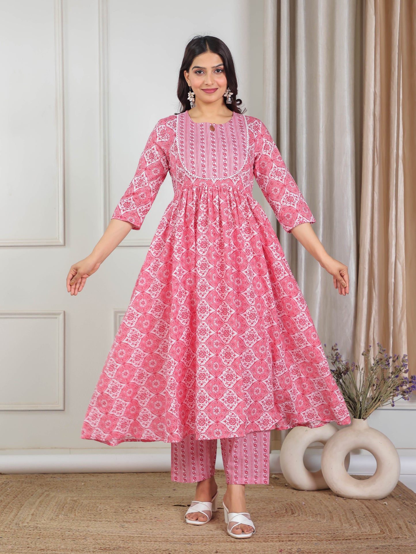 Soft Cotton Floral Gathered Pink Kurta
