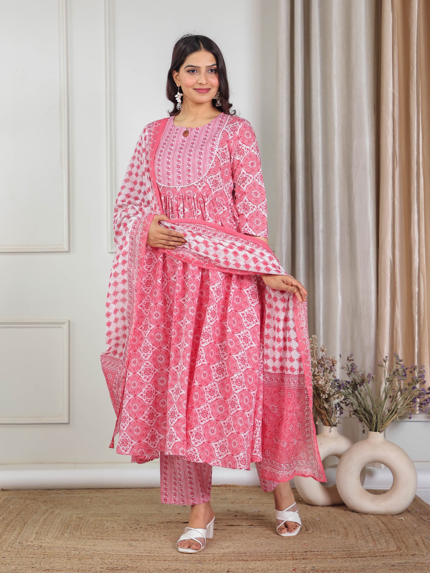 Soft Cotton Floral Gathered Pink Kurta