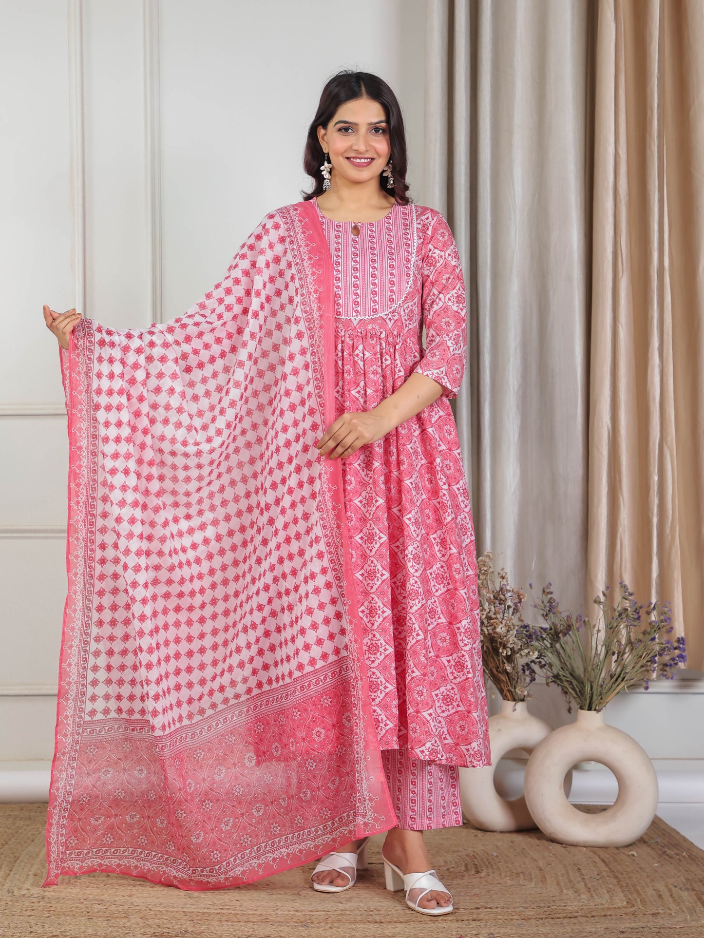 Soft Cotton Floral Gathered Pink Kurta