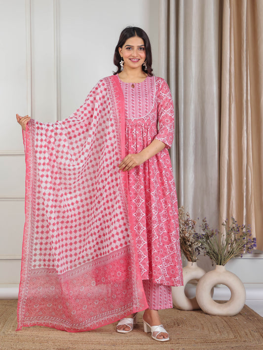 Soft Cotton Floral Gathered Pink Kurta
