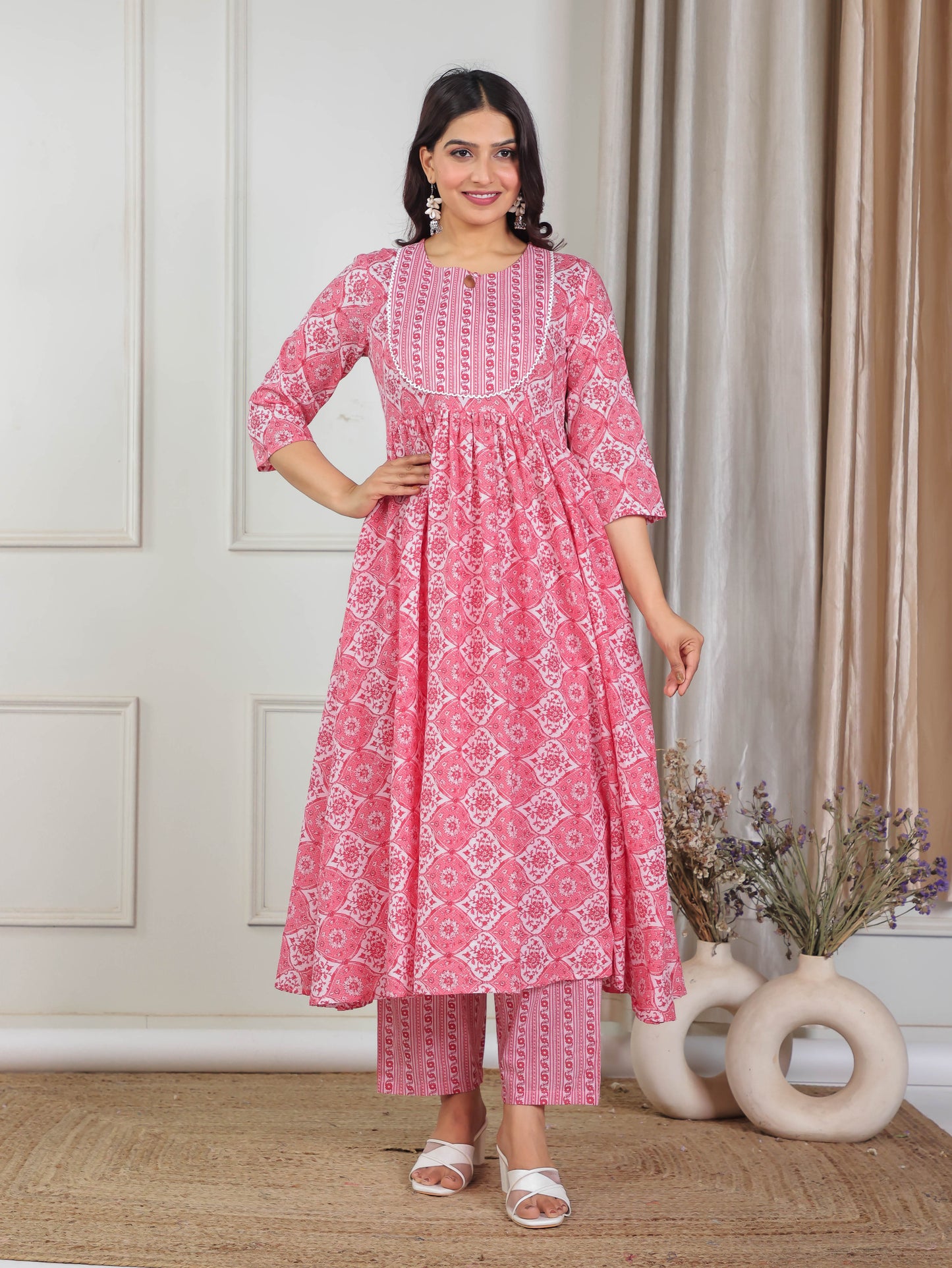 Soft Cotton Floral Gathered Pink Kurta