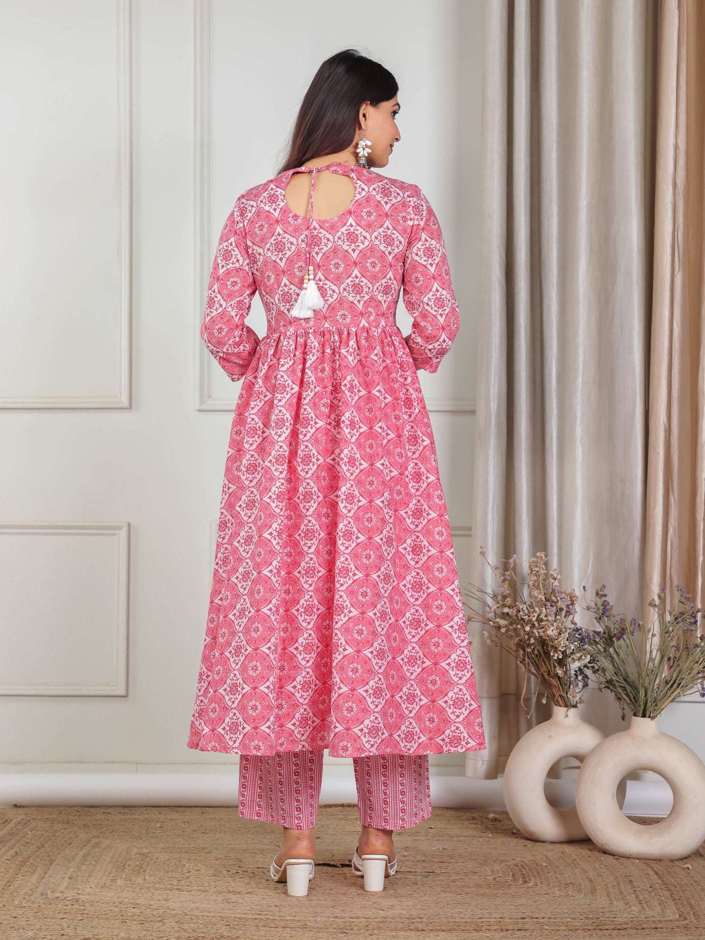 Soft Cotton Floral Gathered Pink Kurta