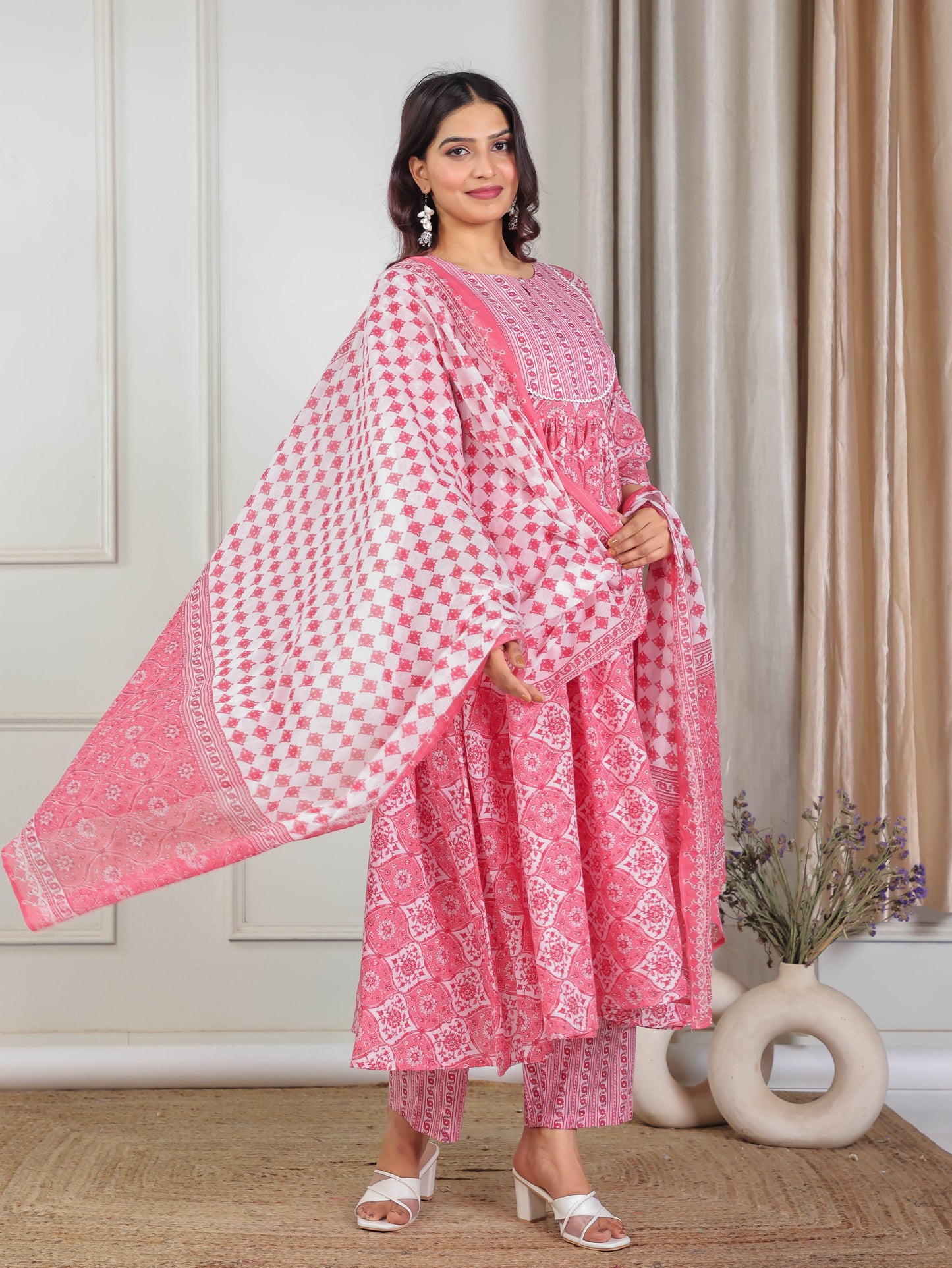 Soft Cotton Floral Gathered Pink Kurta