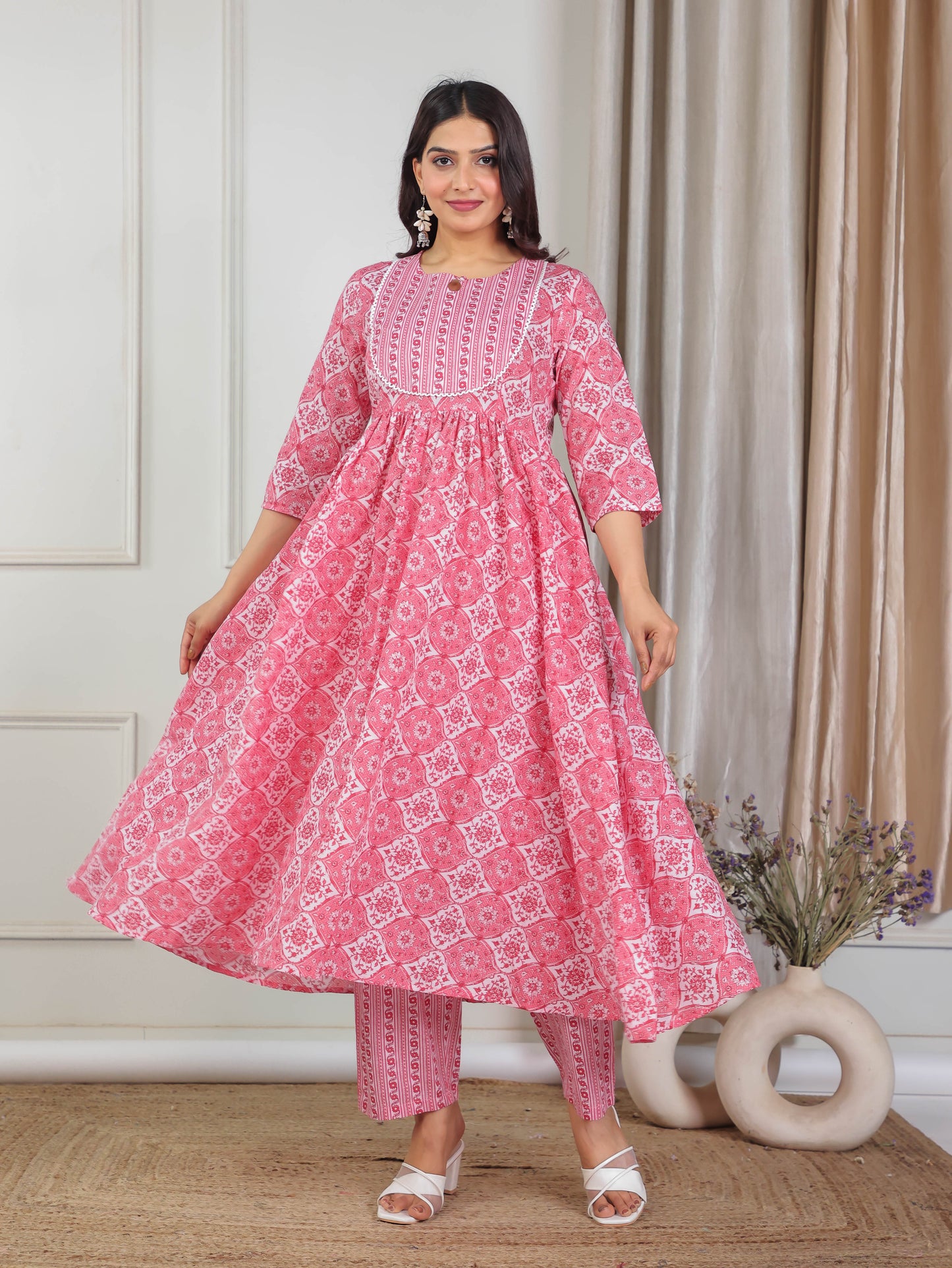 Soft Cotton Floral Gathered Pink Kurta
