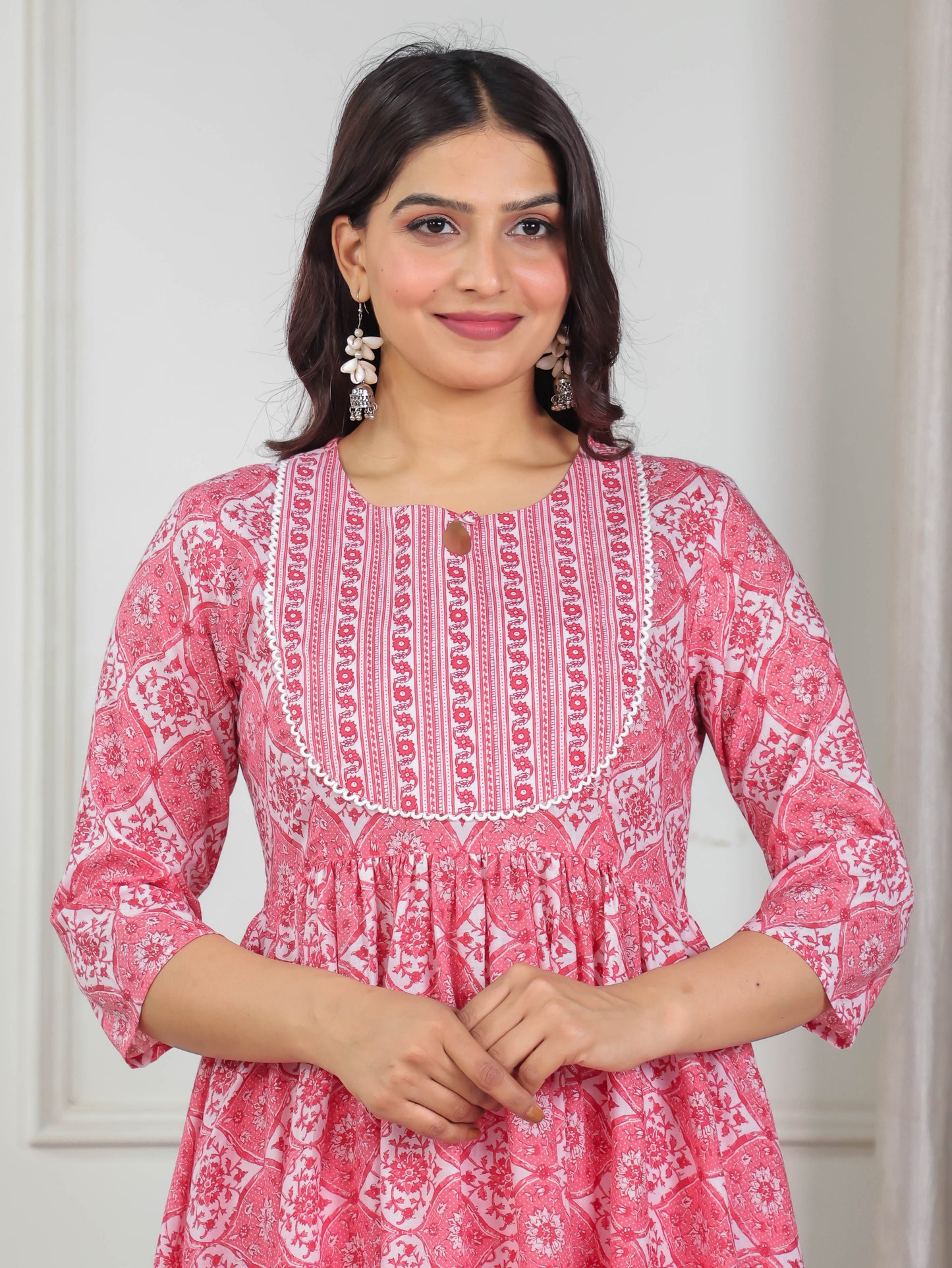 Soft Cotton Floral Gathered Pink Kurta