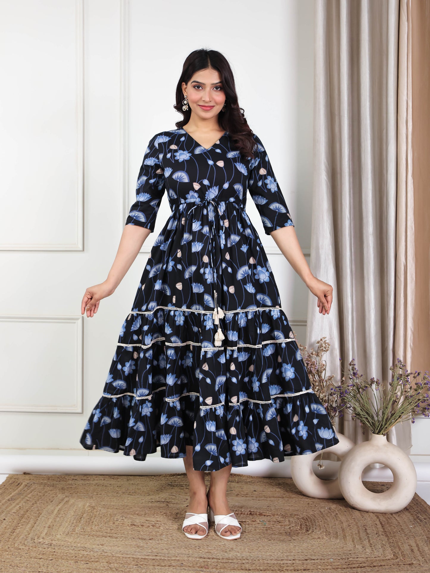 Soft Cotton Floral A-line Black Dress