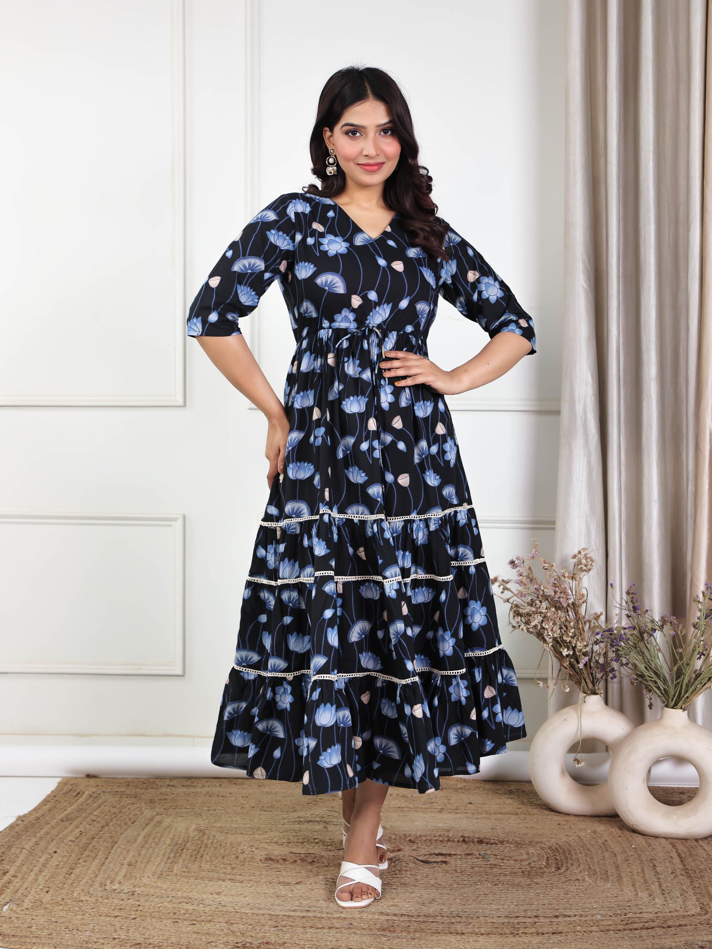 Soft Cotton Floral A-line Black Dress