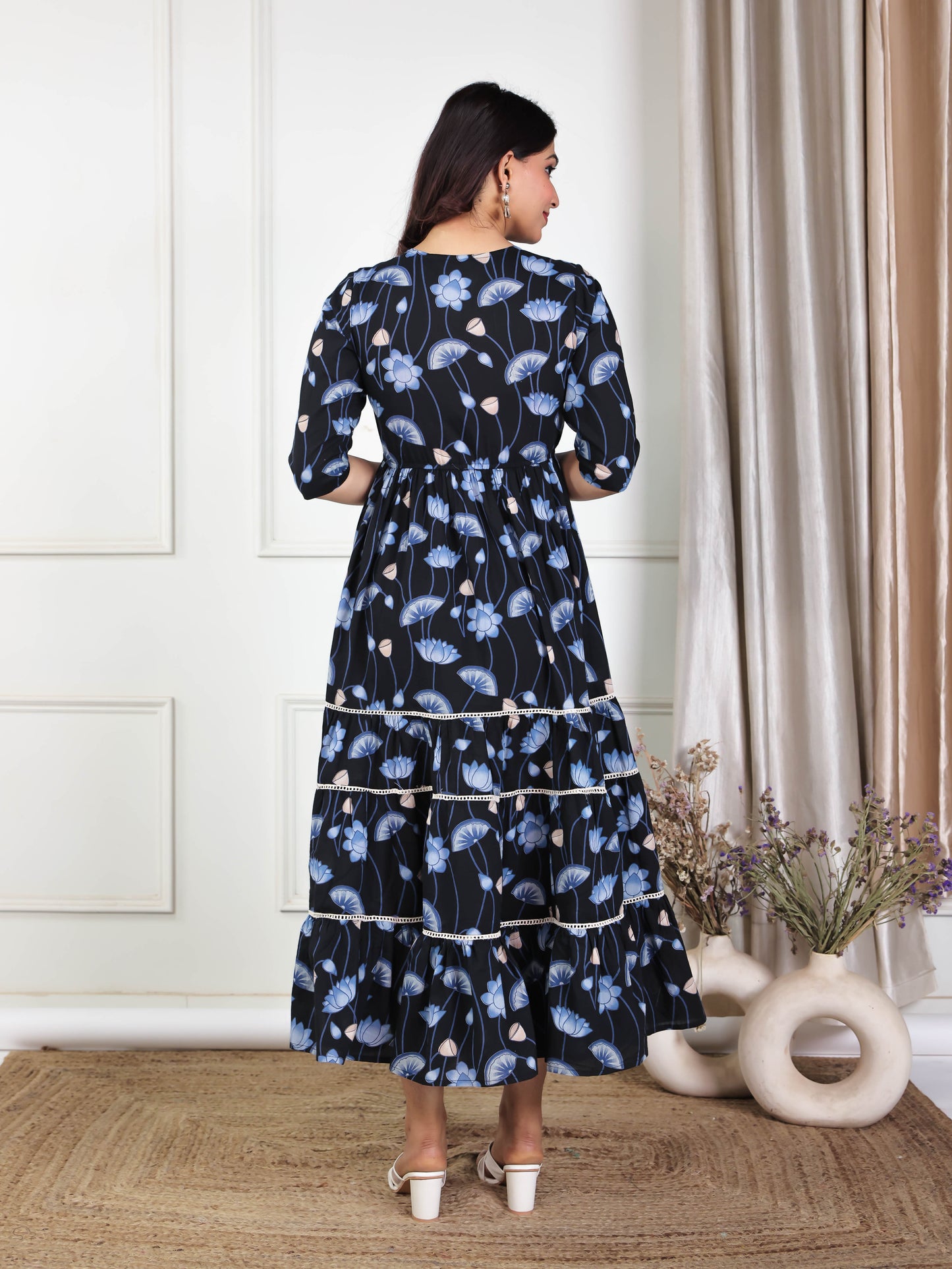 Soft Cotton Floral A-line Black Dress