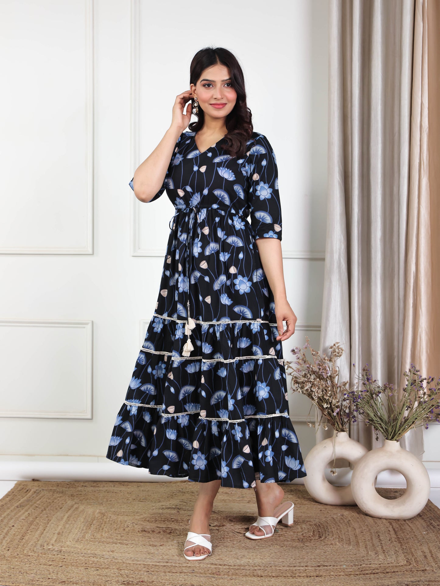 Soft Cotton Floral A-line Black Dress