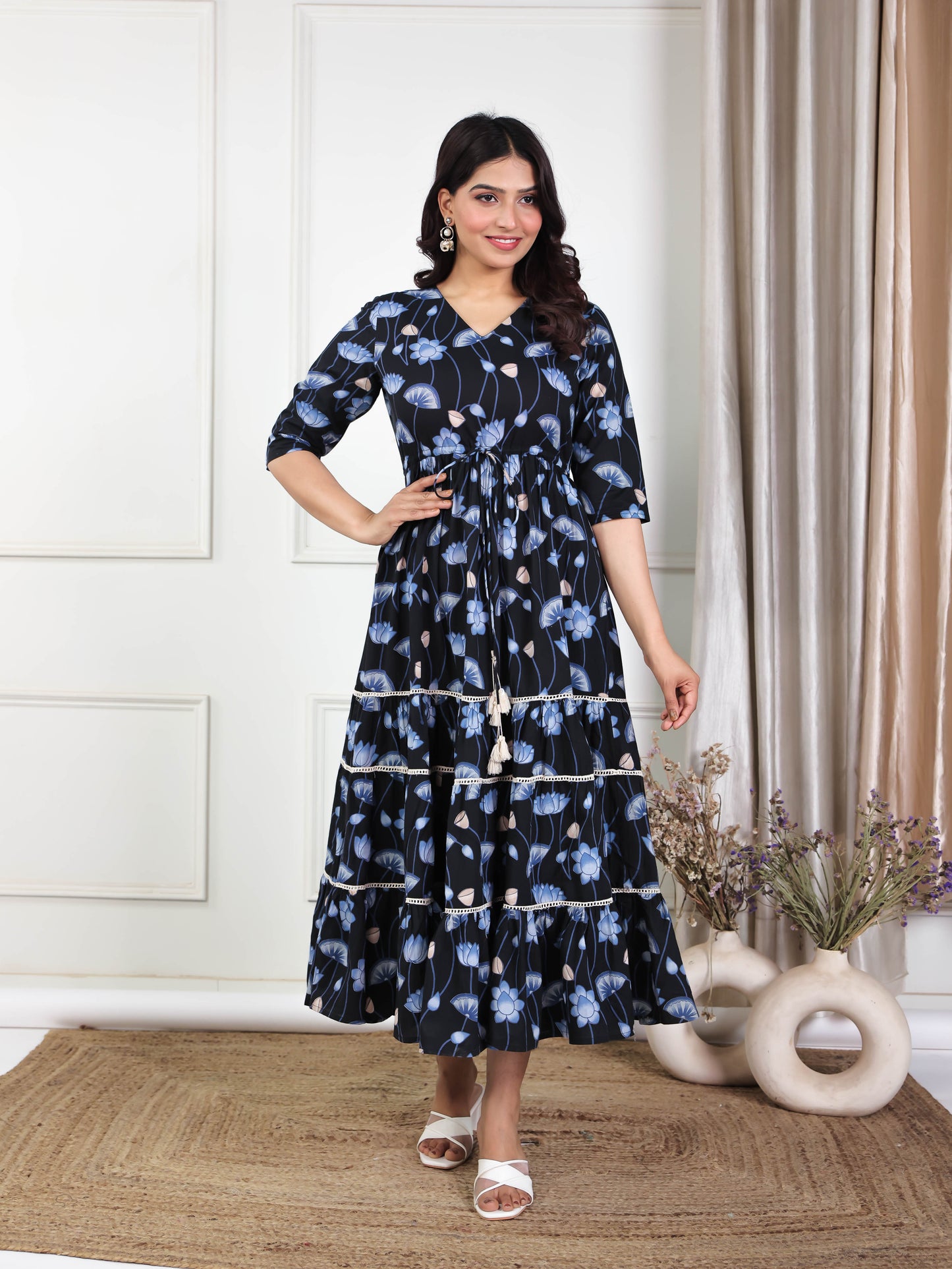 Soft Cotton Floral A-line Black Dress